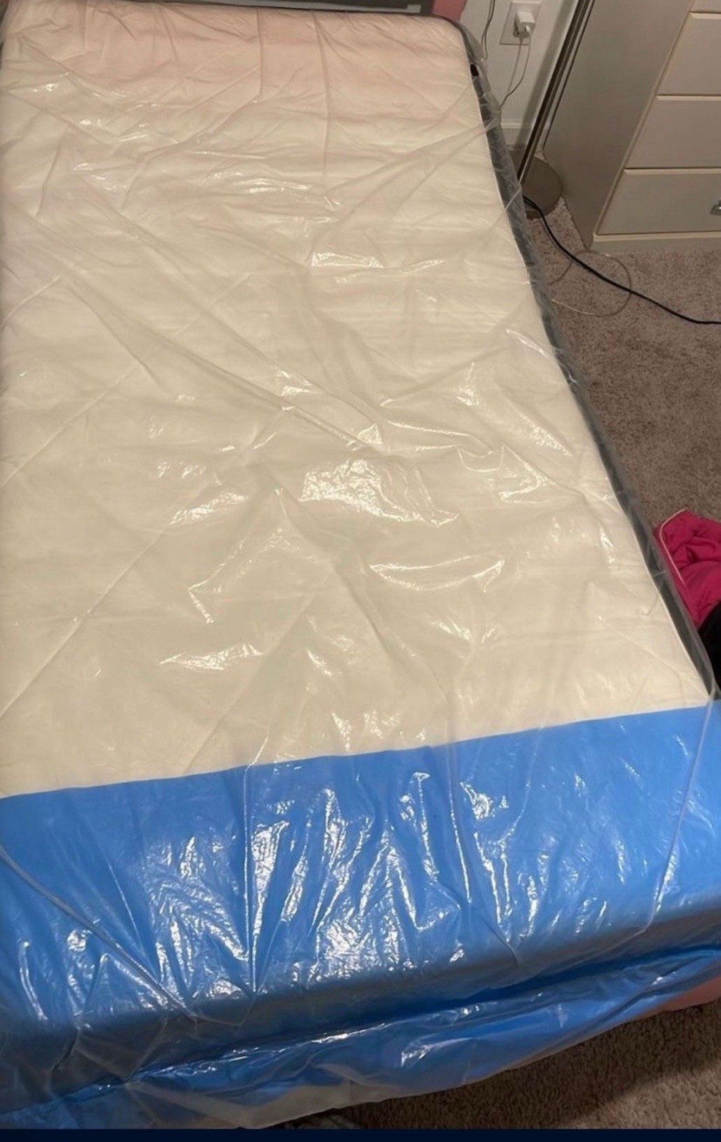 Single Firm Foam Mattress, White/Blue, Waterproof Plastic Cover