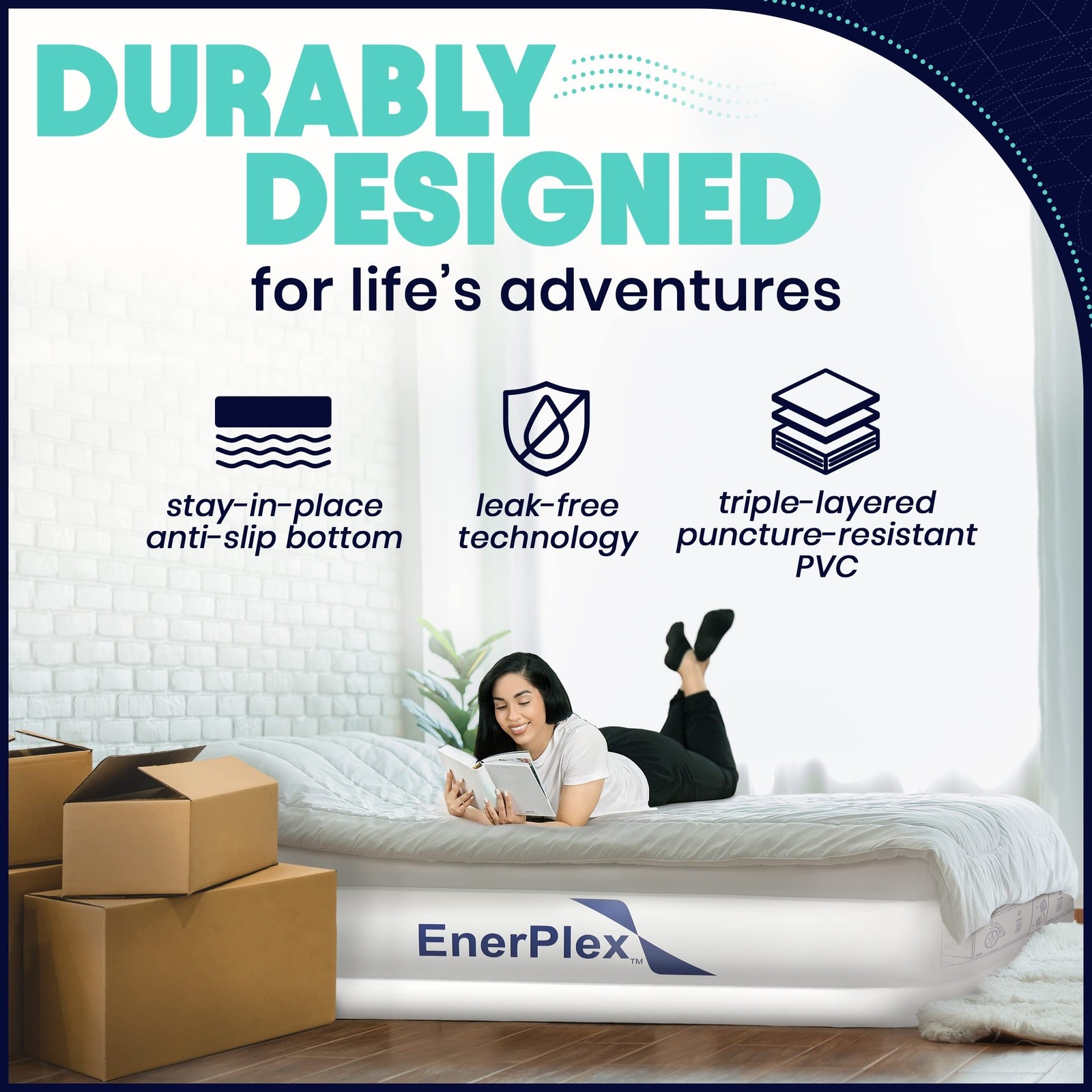 NWT EnerPlex Queen Air Mattress w/ Built-in Pump & Neck Support, 15″, Blue/White
