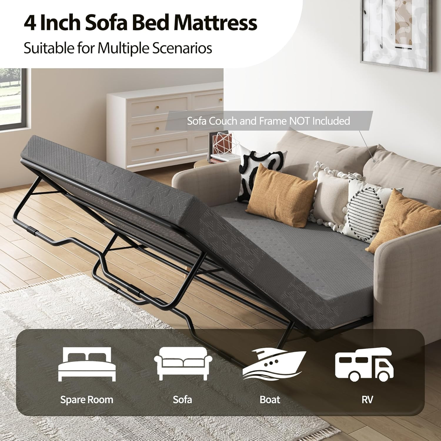 4″ Gel Memory Foam Sofa Cushion with Removable Cover & Non-Slip Bottom