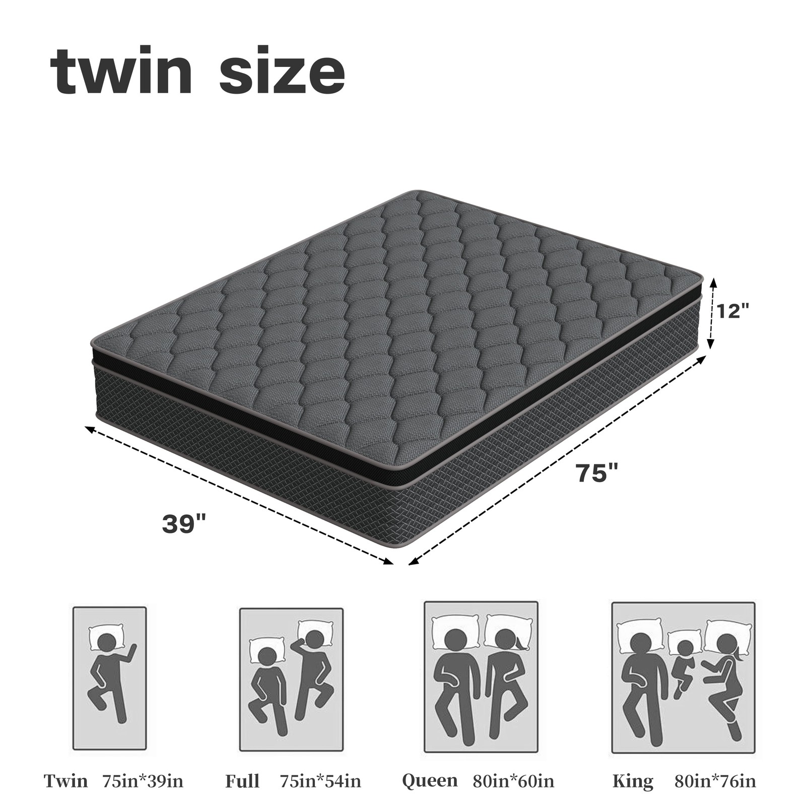 12″ Twin Full Queen King Hybrid Memory Foam Gel Mattresses Individual Coils FIrm