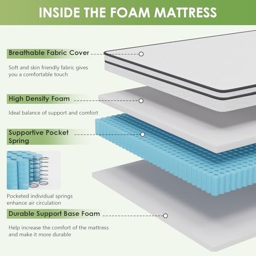 Queen Mattress 6 Inch Medium Firm Hybrid Pocket Spring Foam Breathable Bed in a