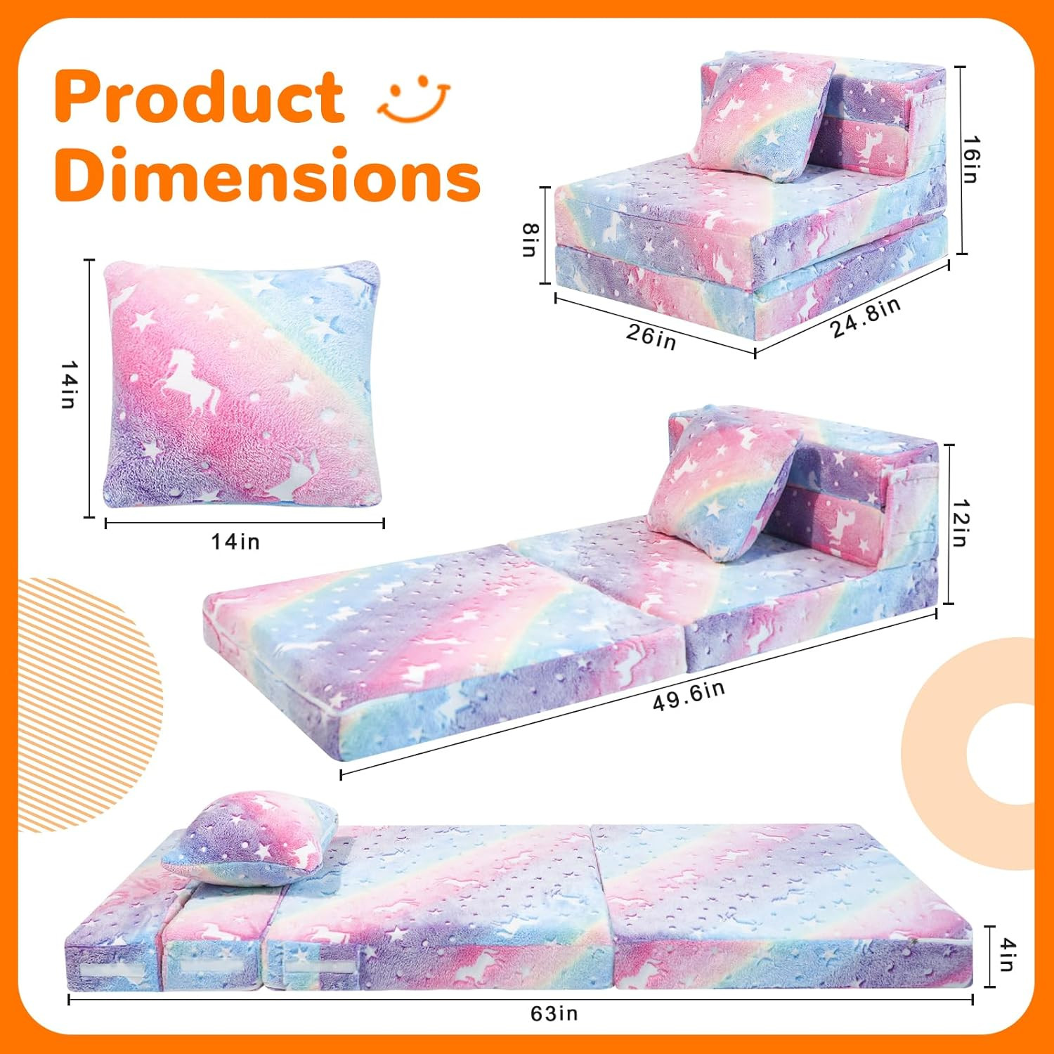 Glow Rainbow Unicorn Tri-Fold Sofa Bed for Kids – Versatile Playroom Furniture