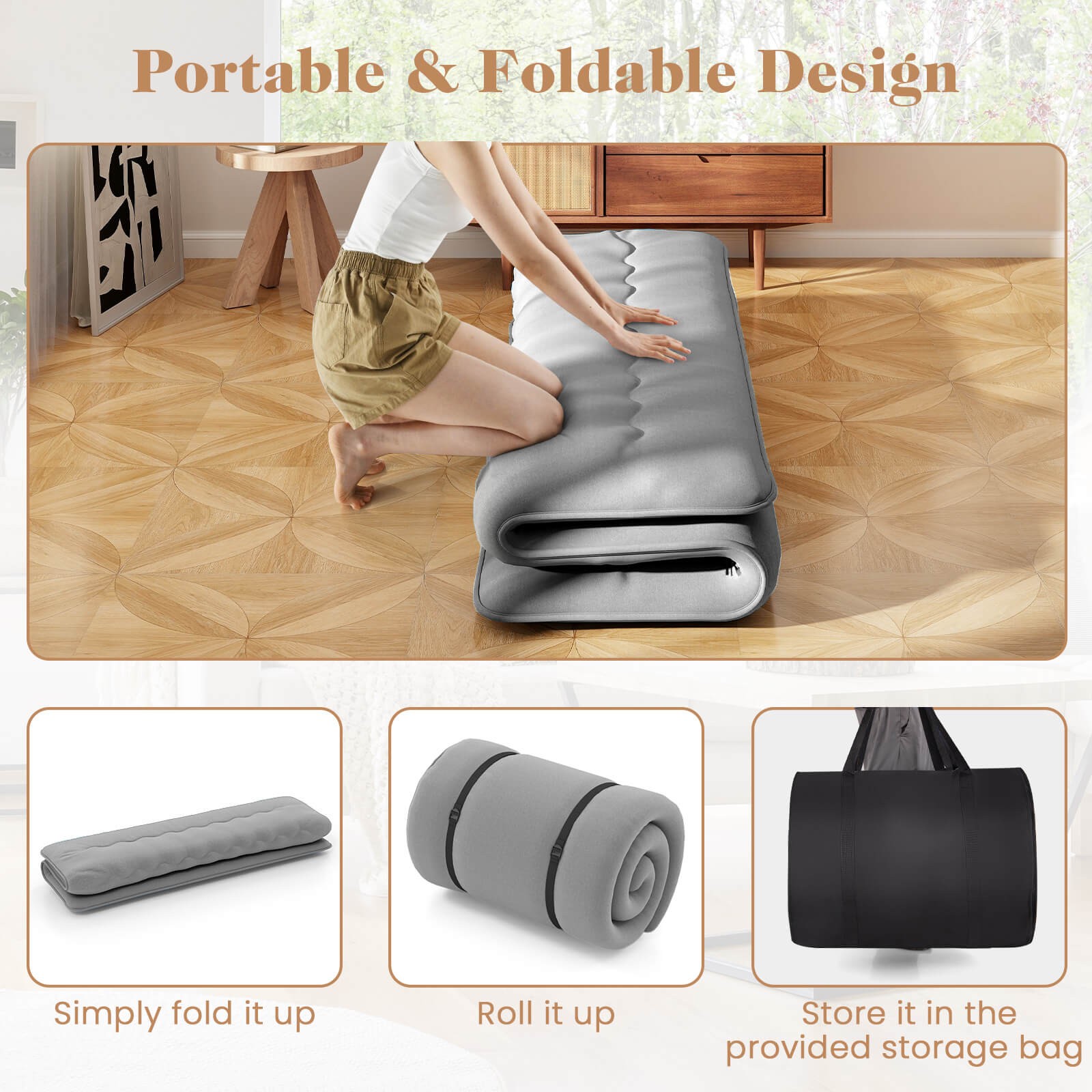 King Futon Mattress Japanese Floor Pad Washable Cover Carry Bag Gray