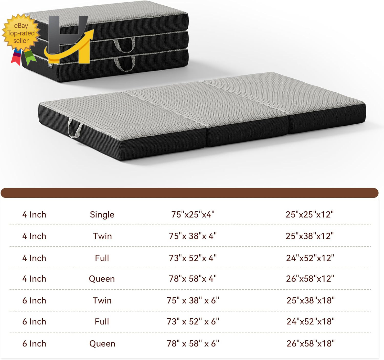 6″ Memory Foam Trifold Mattress Full Portable Floor Bed with Washable Cover