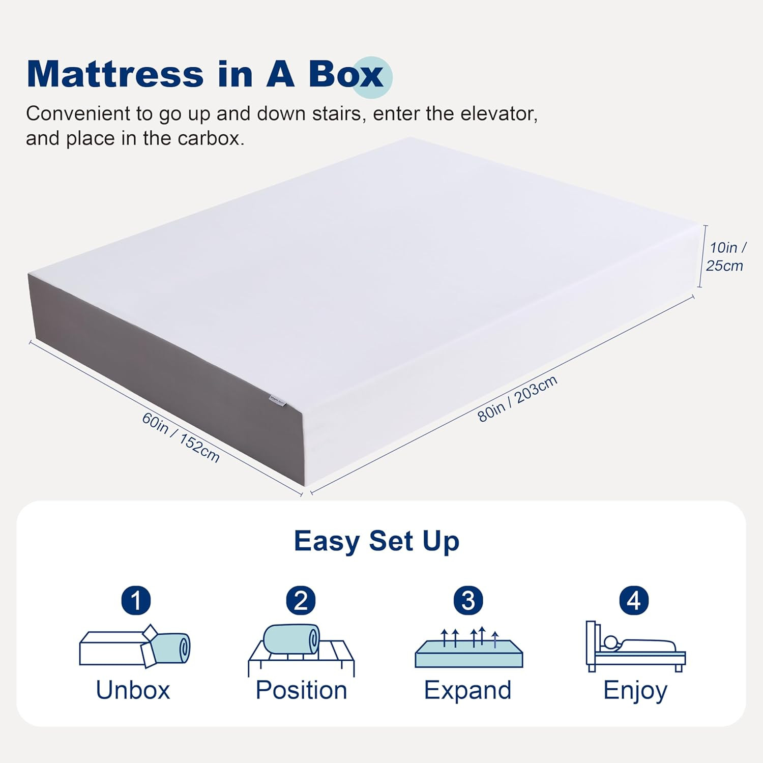 Breathable Memory Foam Mattress, Soft Plush Feel, 10 Inch, Queen, White/Grey