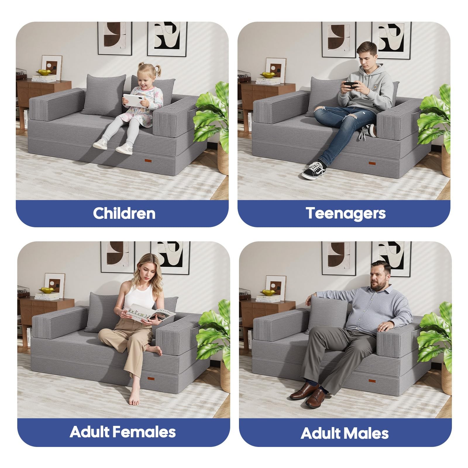 COMAX Futon Sofa Bed, 4‑in‑1 Convertible L-Shaped Loveseat, Light Grey