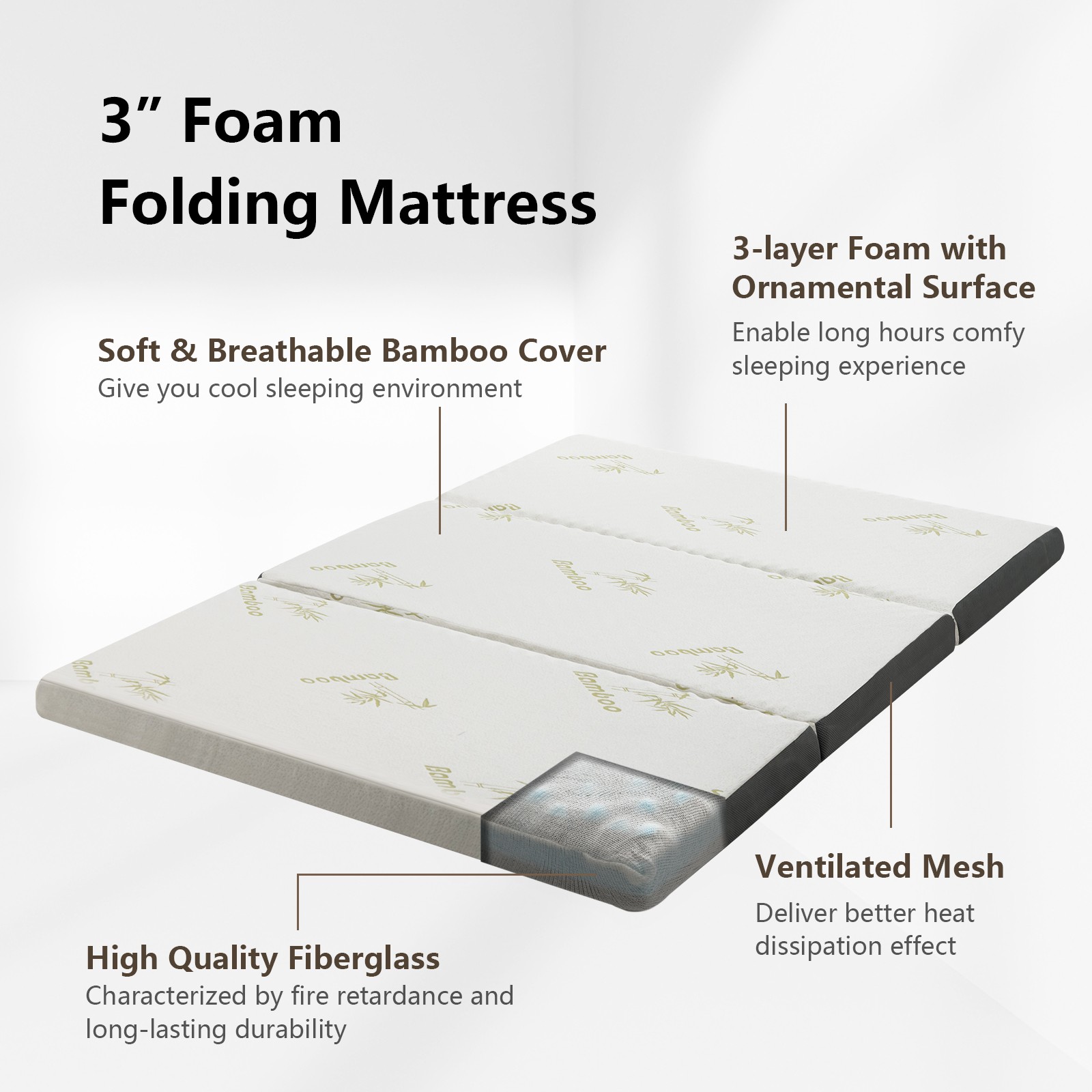 FULL 3″ Tri-fold Memory Foam Floor Mattress Topper Portable w/ Carrying Bag