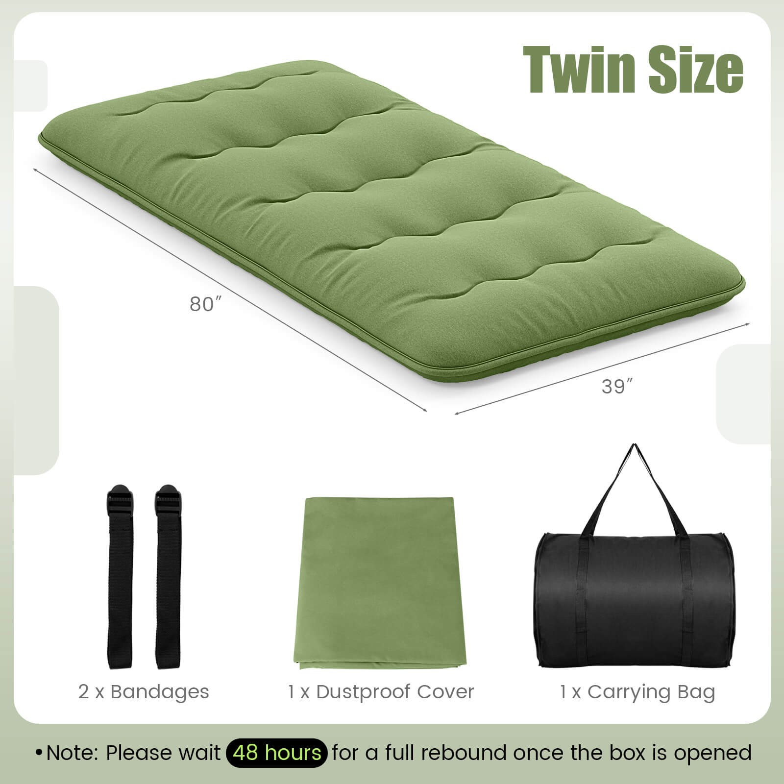 Twin Futon Mattress Washable Cover Carry Bag Green Japanese Floor Sleeping Pad
