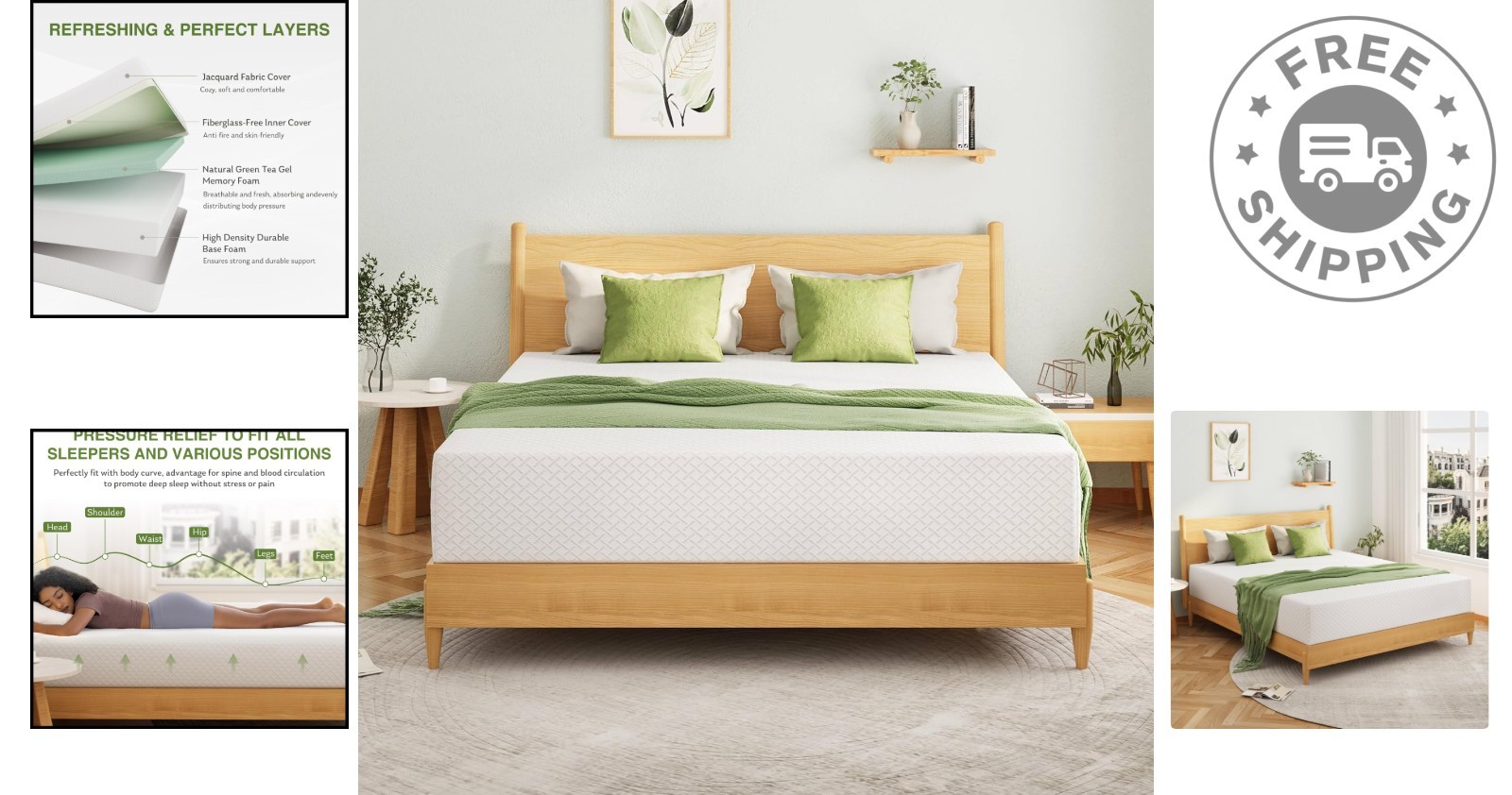 Twin XL Memory Foam Mattress with Cooling Green Tea Gel, 80”L x 38”W
