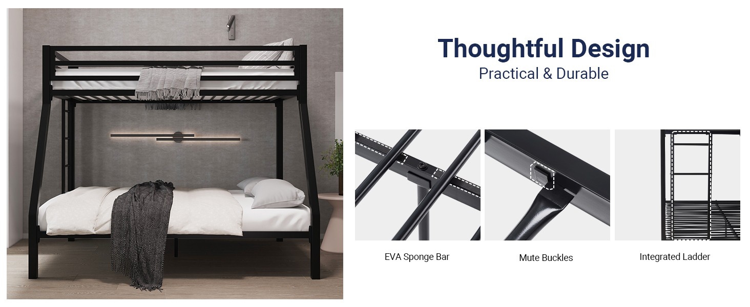 Metal Bunk Bed Twin Over Full Size for Junior & Adults with Ladder