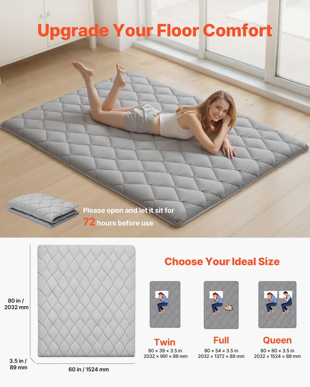 VEVOR Japanese Tatami Mat Queen Foldable Futon Mattress with Storage Bag Gray