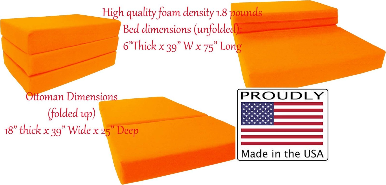 Full Size Orange Trifold Foam Bed, 6 x 54 x 75 Folding Mattressed 1.8 lb Density