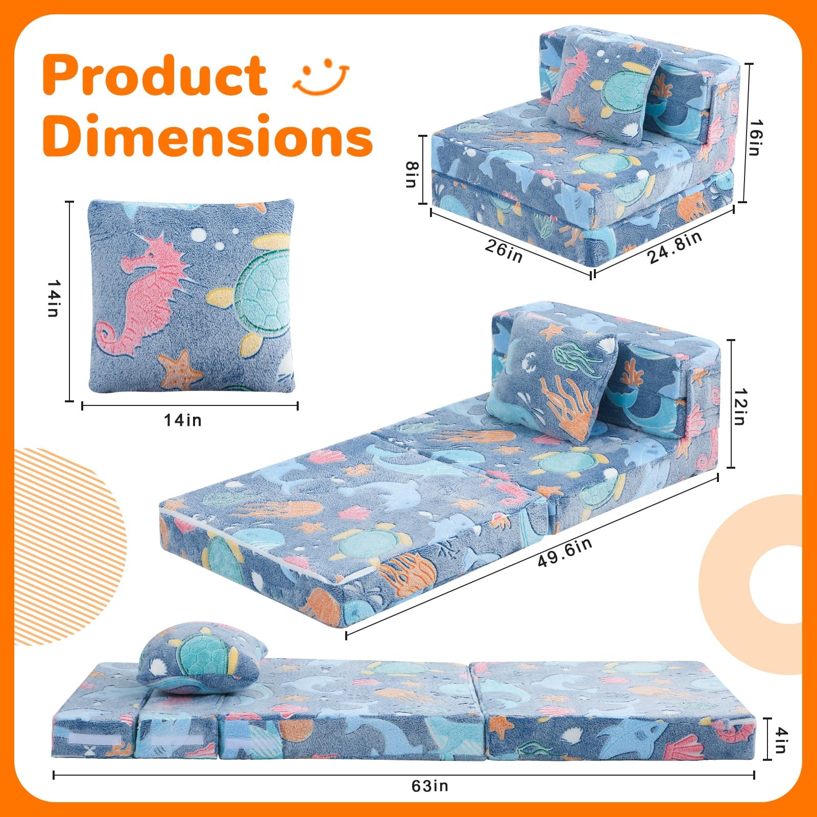 Foldable Futon Chair Bed for Kids, Glow Tri-fold Sofa Bed Convertible Toddler…