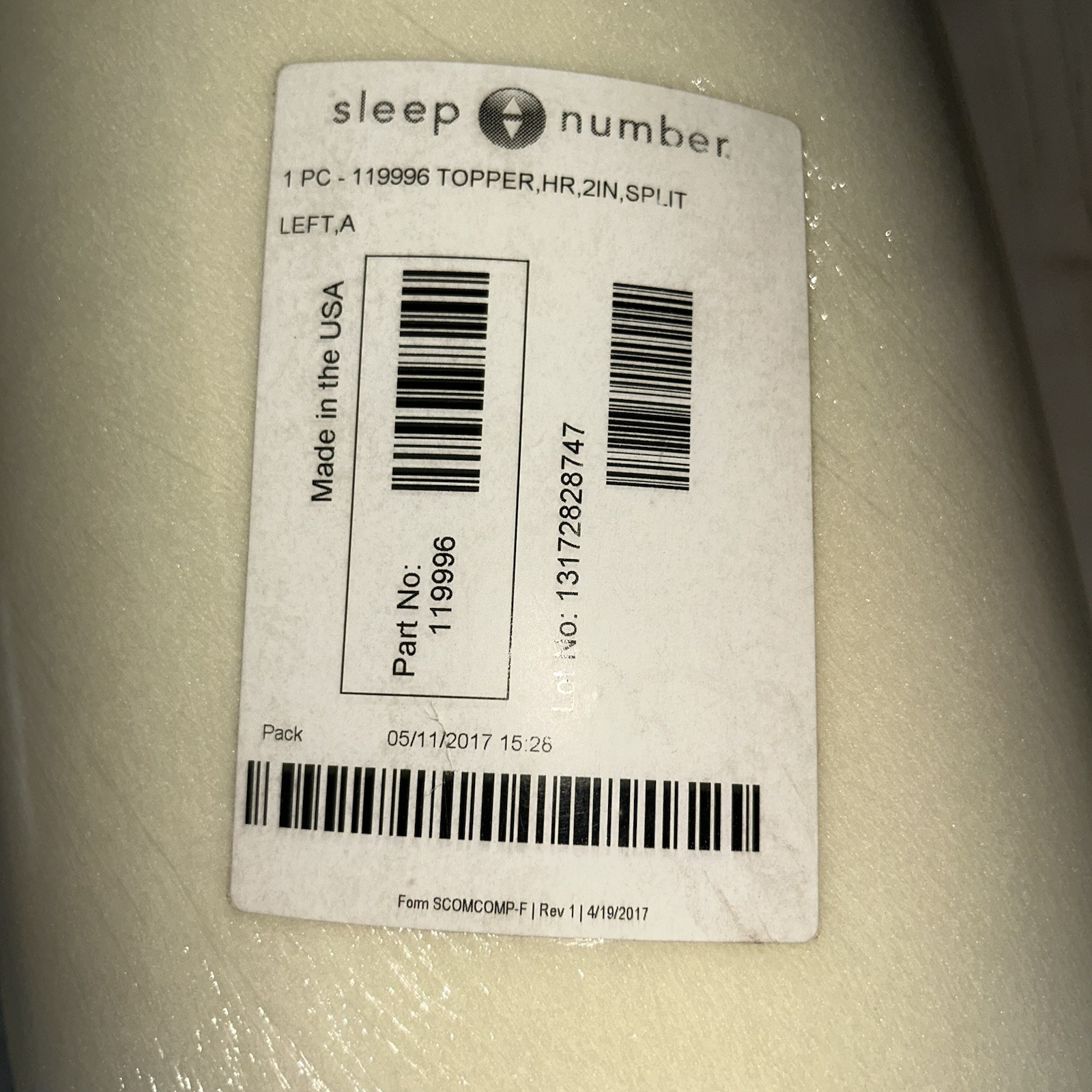 New Sleep Number Twin Sized Mattress Topper 119996 2” Split Left A
