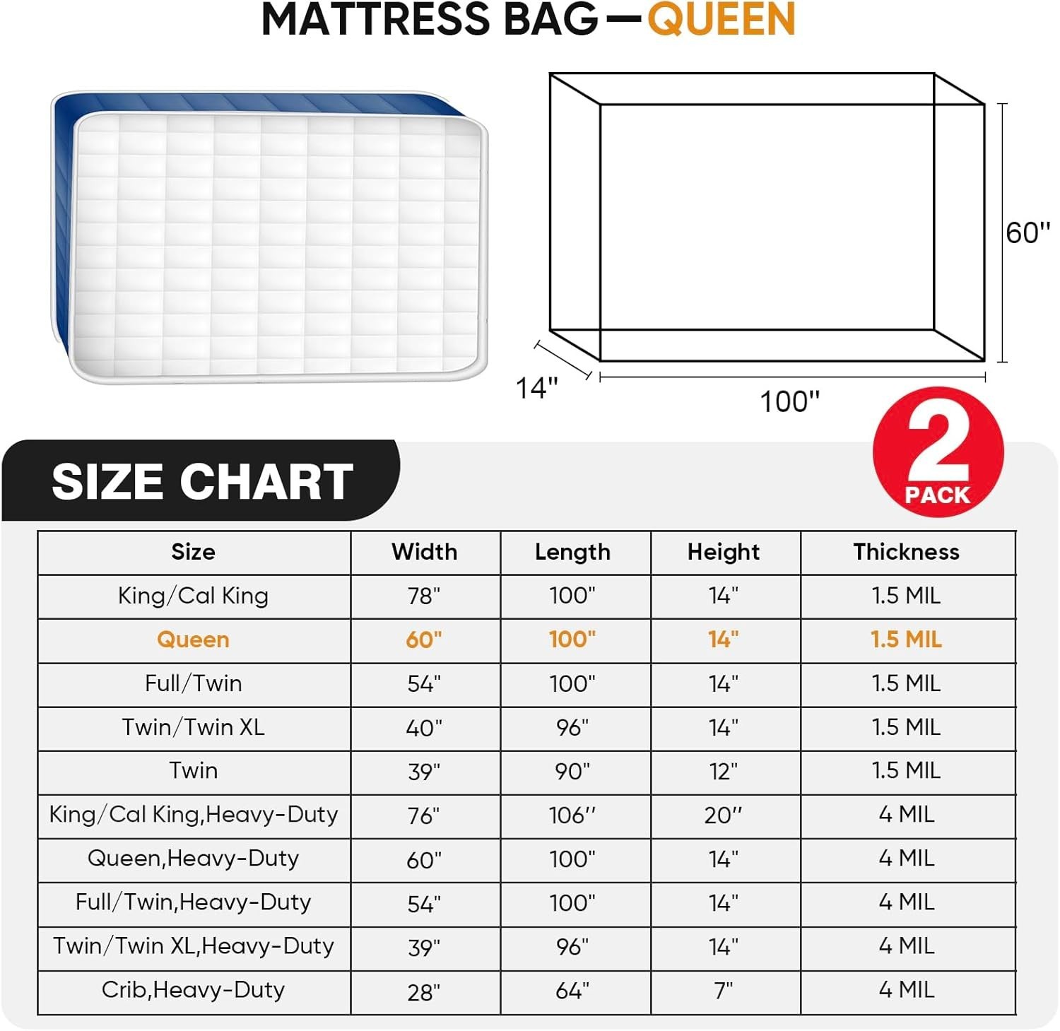 2 PK Queen Mattress Bags for Moving Storage,Mattress Bag for Disposal, Mattre…