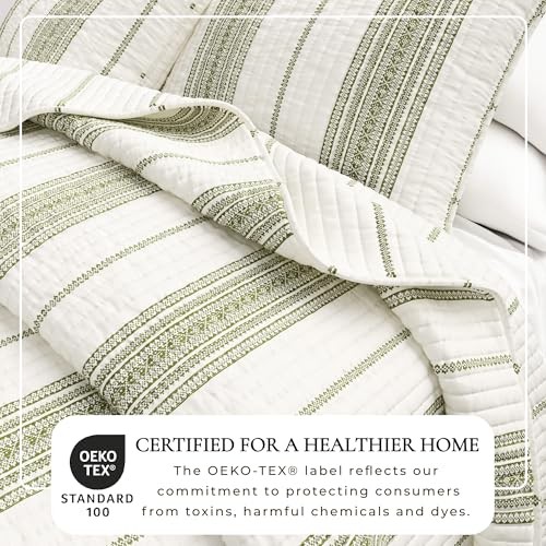 Striped Quilt Set – 3-Piece Full/Queen Size Full / Queen Cream/Green
