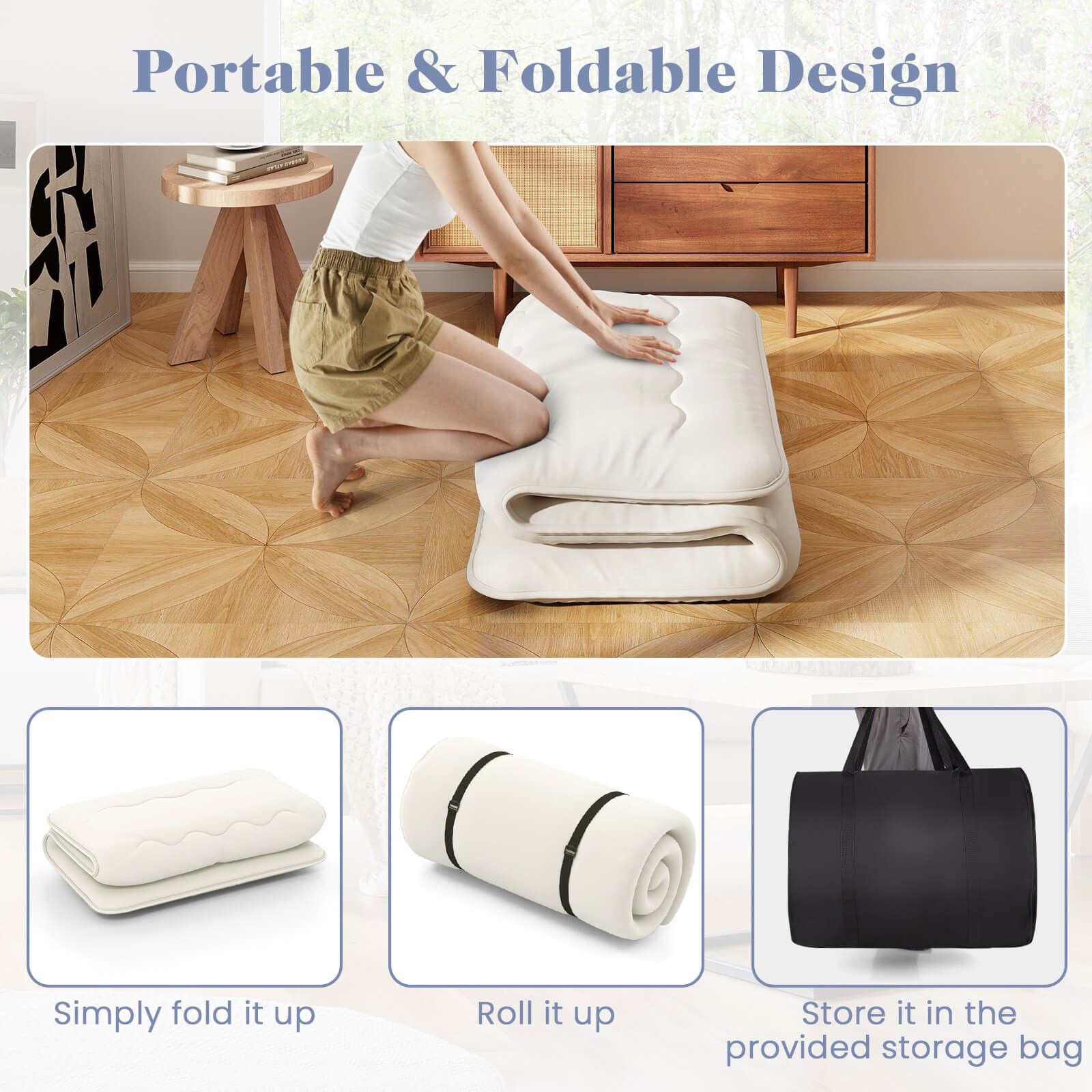Twin Futon Mattress Japanese Floor Sleeping Pad Washable Cover Carry Bag Beige