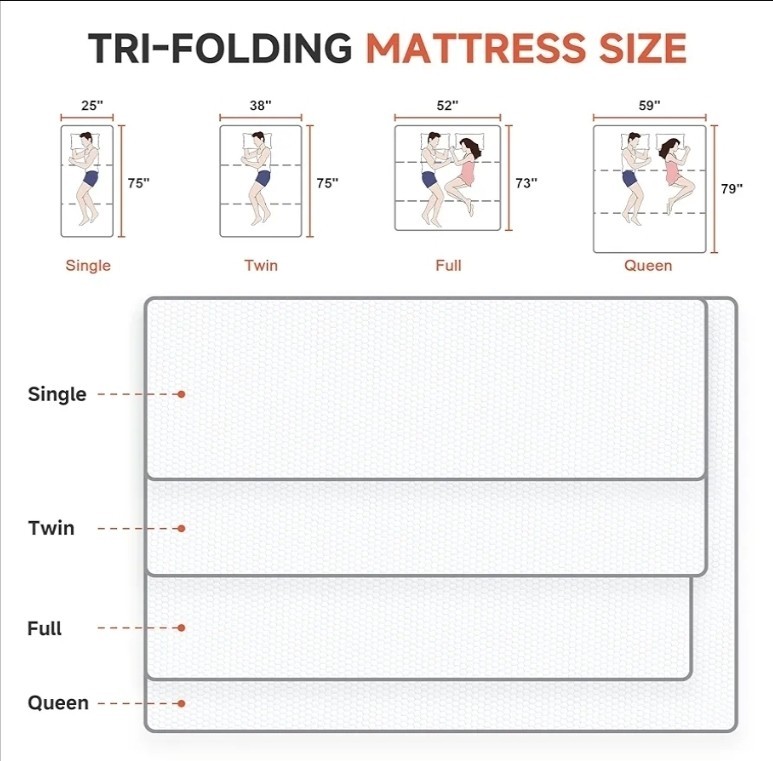 Tri Folding Mattress Twin 4 Inch, Memory Foam Foldable Mattress Topper T2