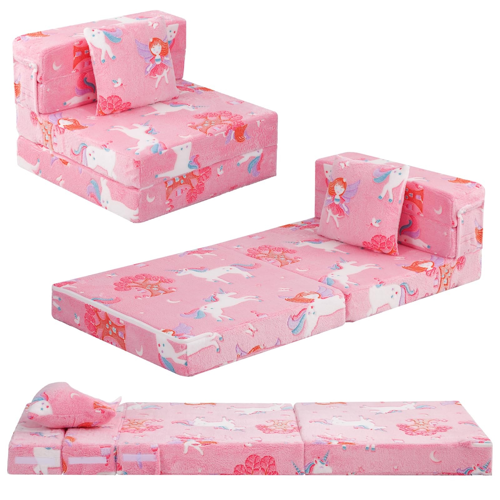 Foldable Futon Chair Bed for Kids, Glow Tri-fold Sofa Bed Convertible Toddler…