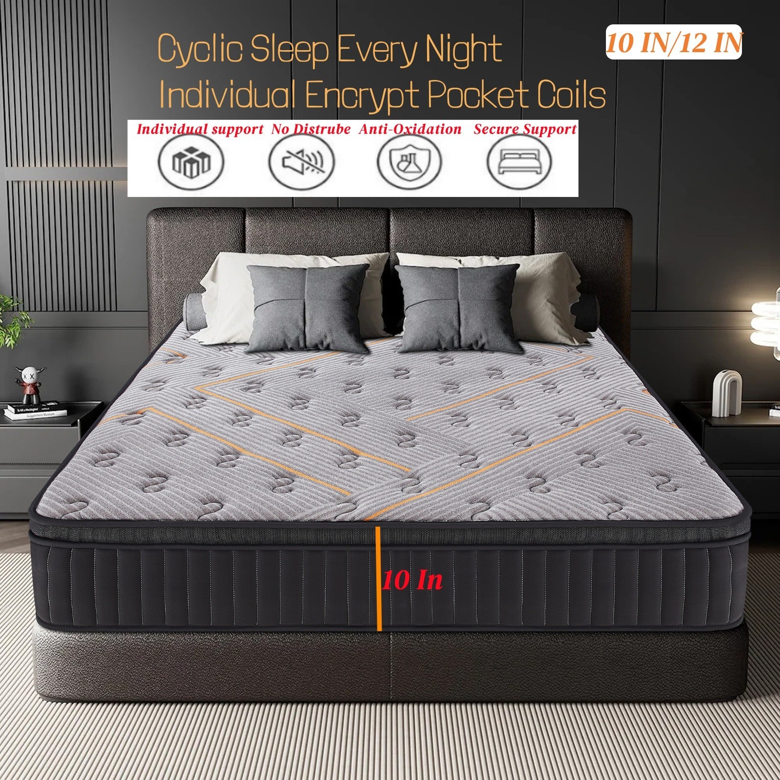 10″ 12″Gel Memory Foam and Innerspring Hybrid Mattress in a Box for Silent Sleep
