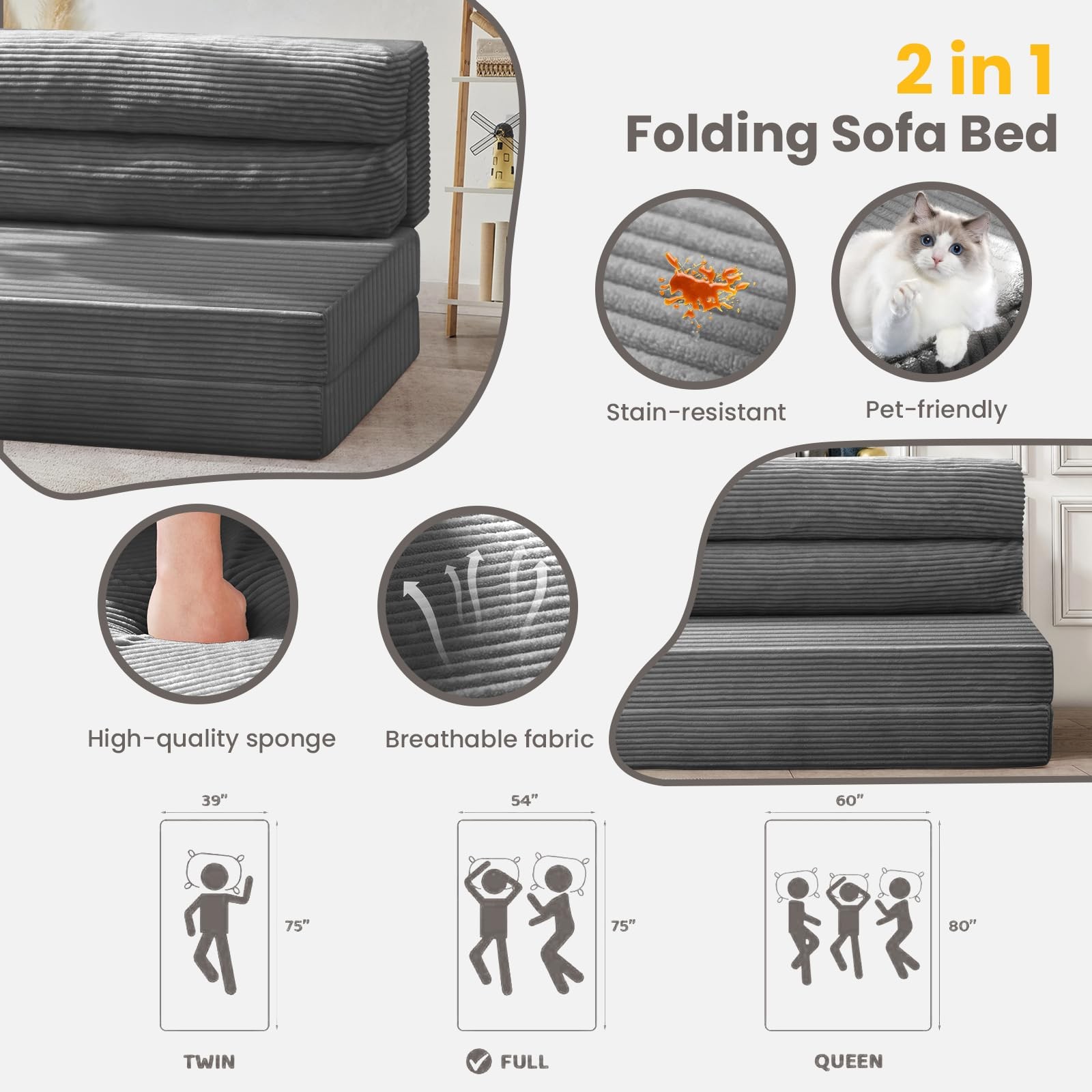 JUIKURY Folding Sofa Bed, Convertible Sleeper Chair with Pilow Full, Grey