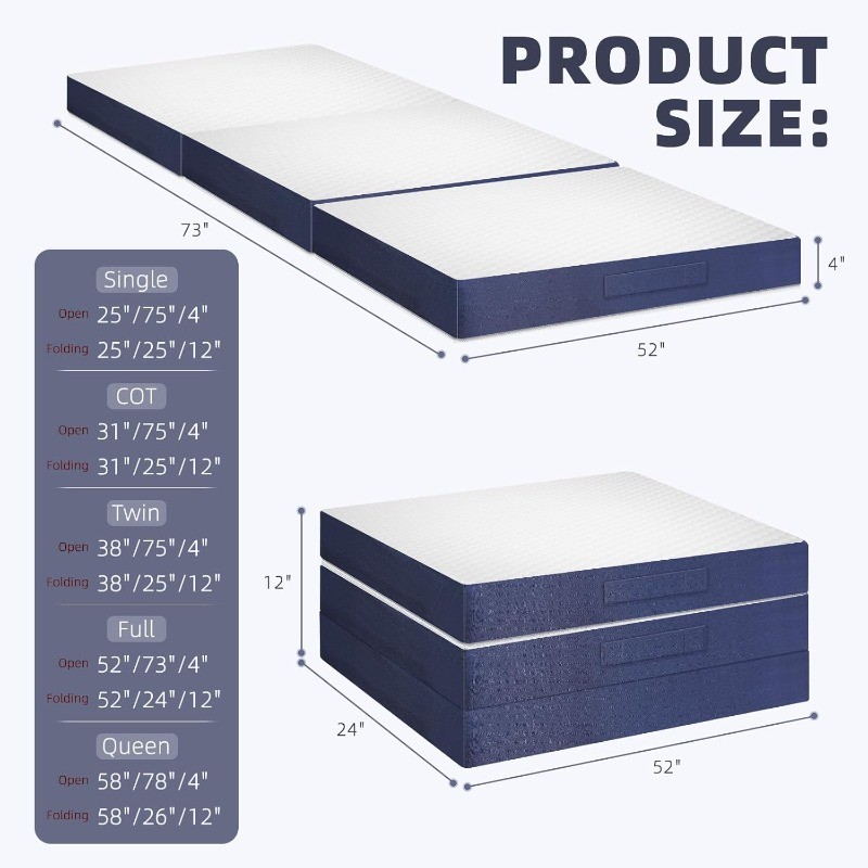 Tri Folding Mattress,4 Inch Foldable Foam Mattress with Breathable and Washable