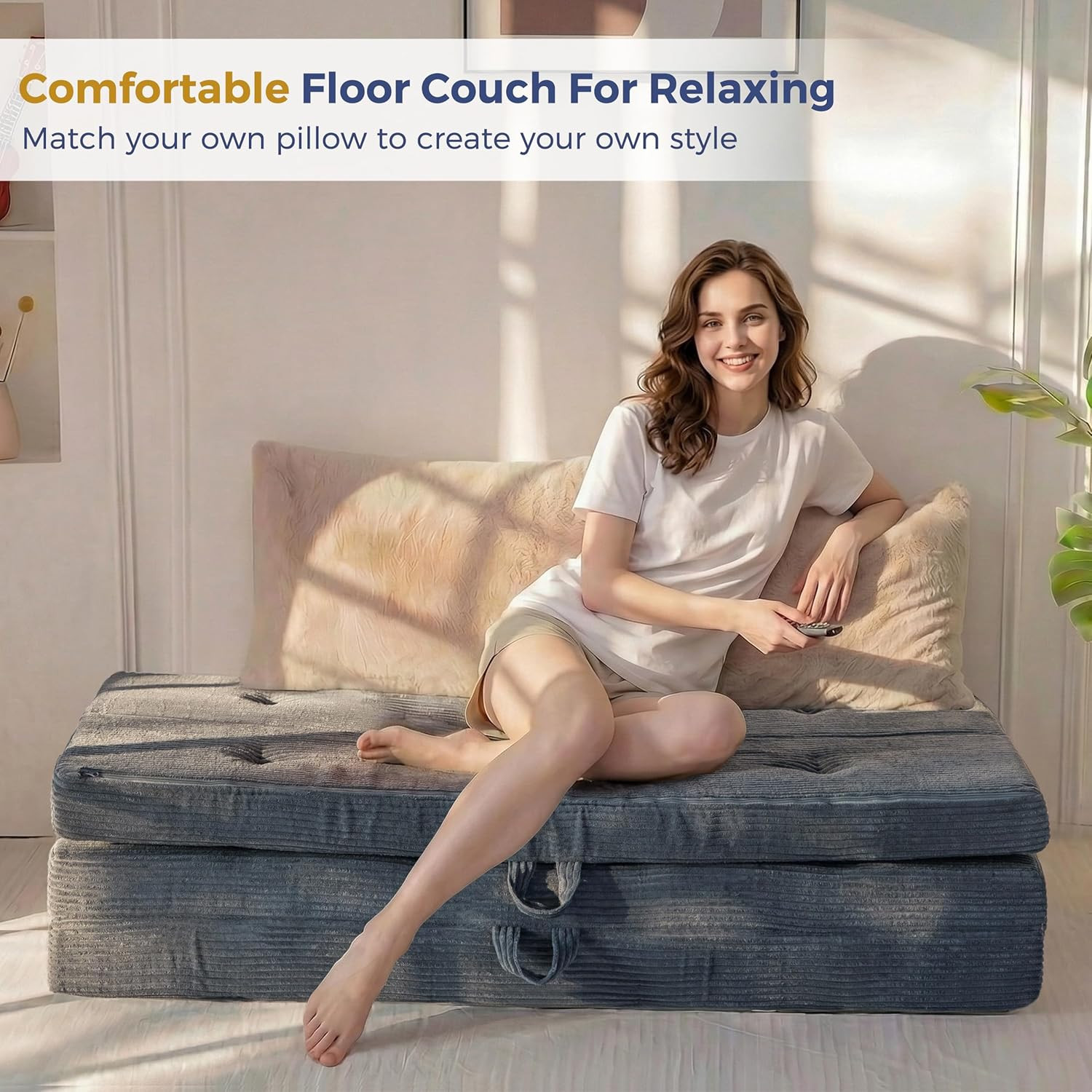 Tri-Fold 4-Inch Foam Mattress, Portable Floor Couch, Twin Size, Dark Grey