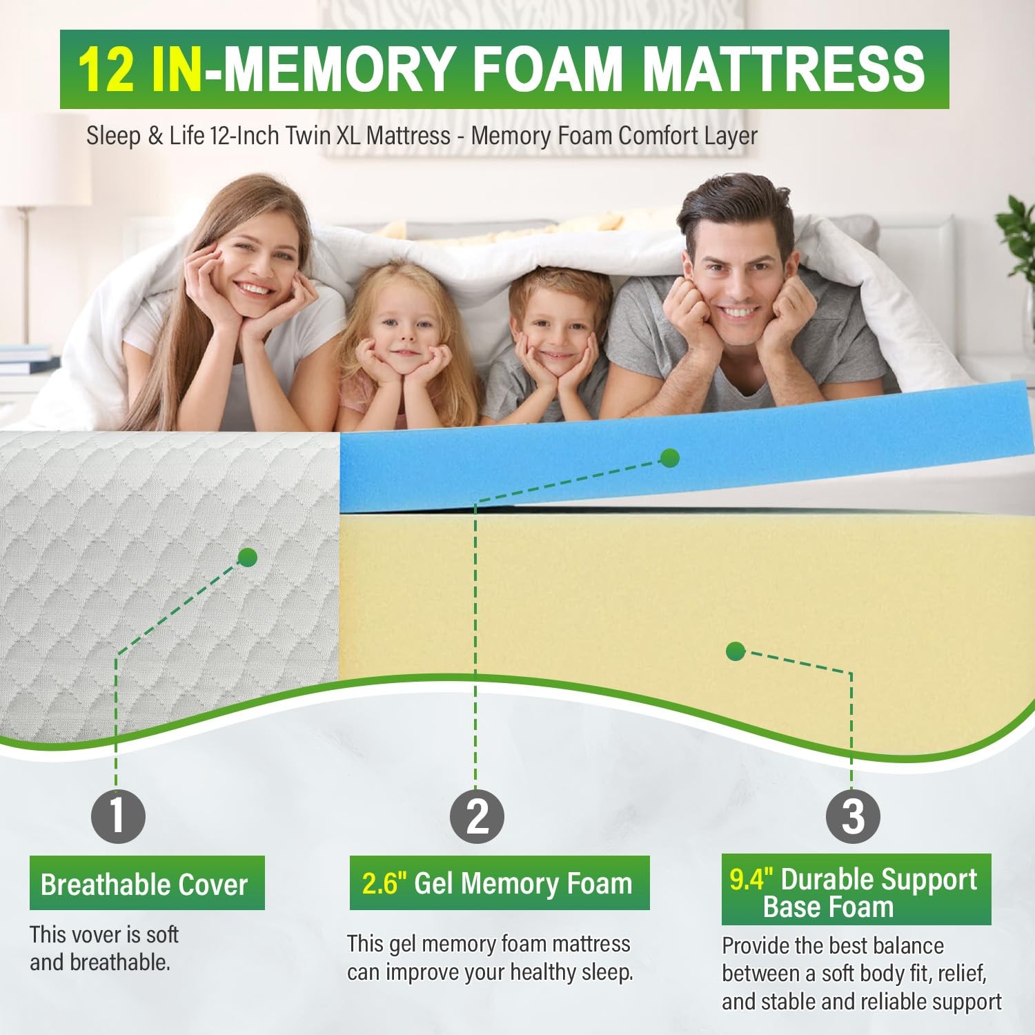 Twin-XL 12 Inch Gel Memory Foam Mattress Medium-Firm