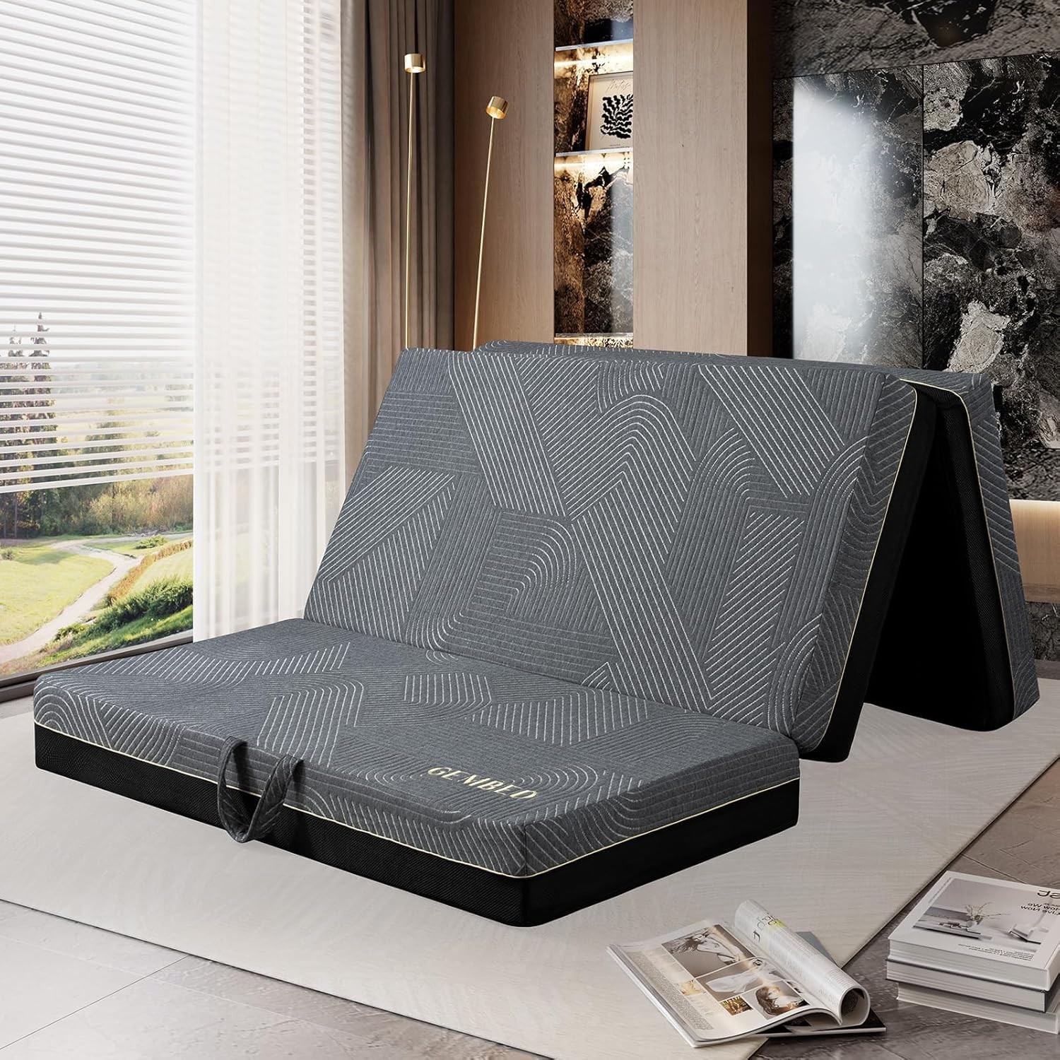 Tri Folding Mattress Queen Size – Memory Foam Tri-Fold Handle & Non-Slip Bottom,