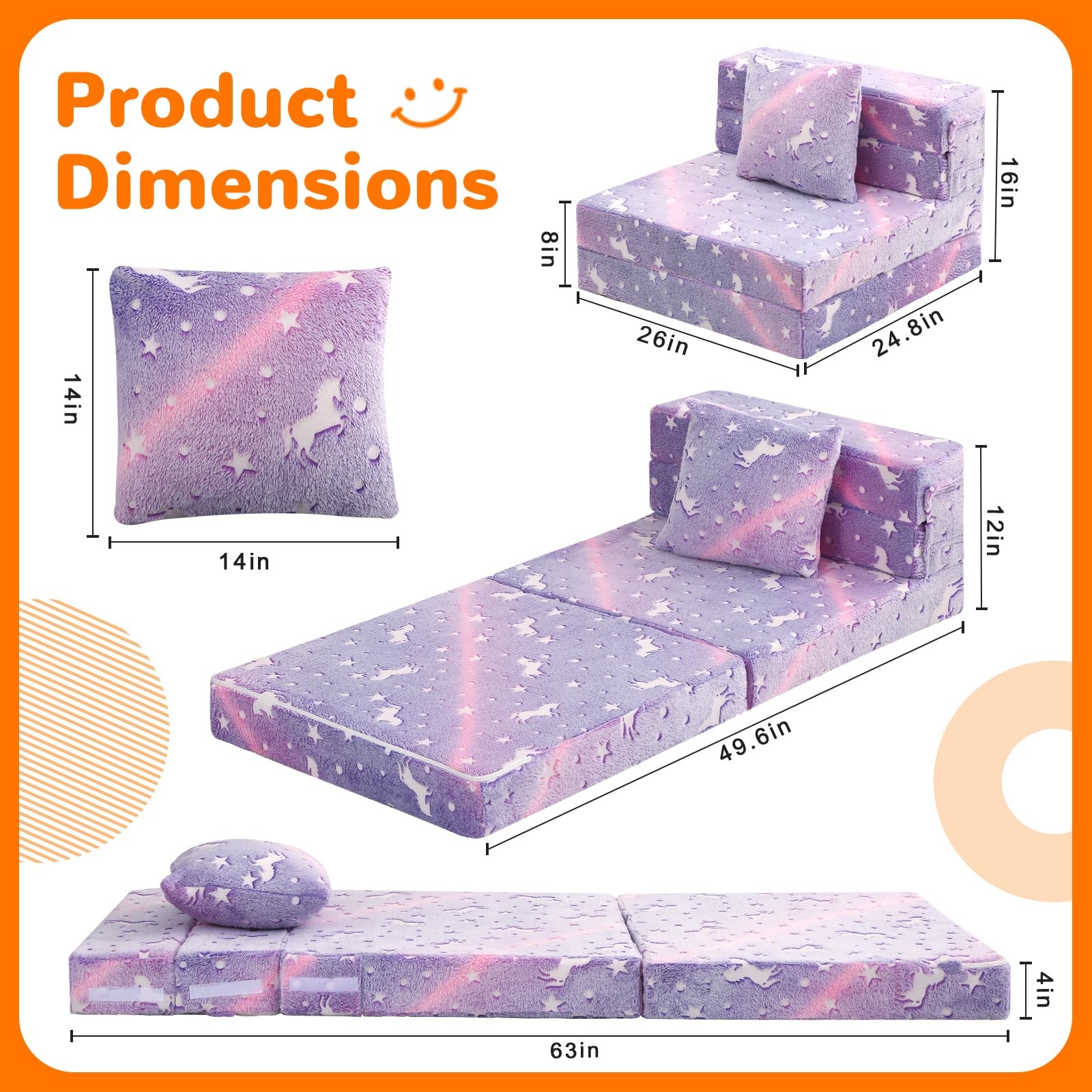 Foldable Futon Chair Bed for Kids, Glow Tri-Fold Sofa Bed Convertible Toddler…