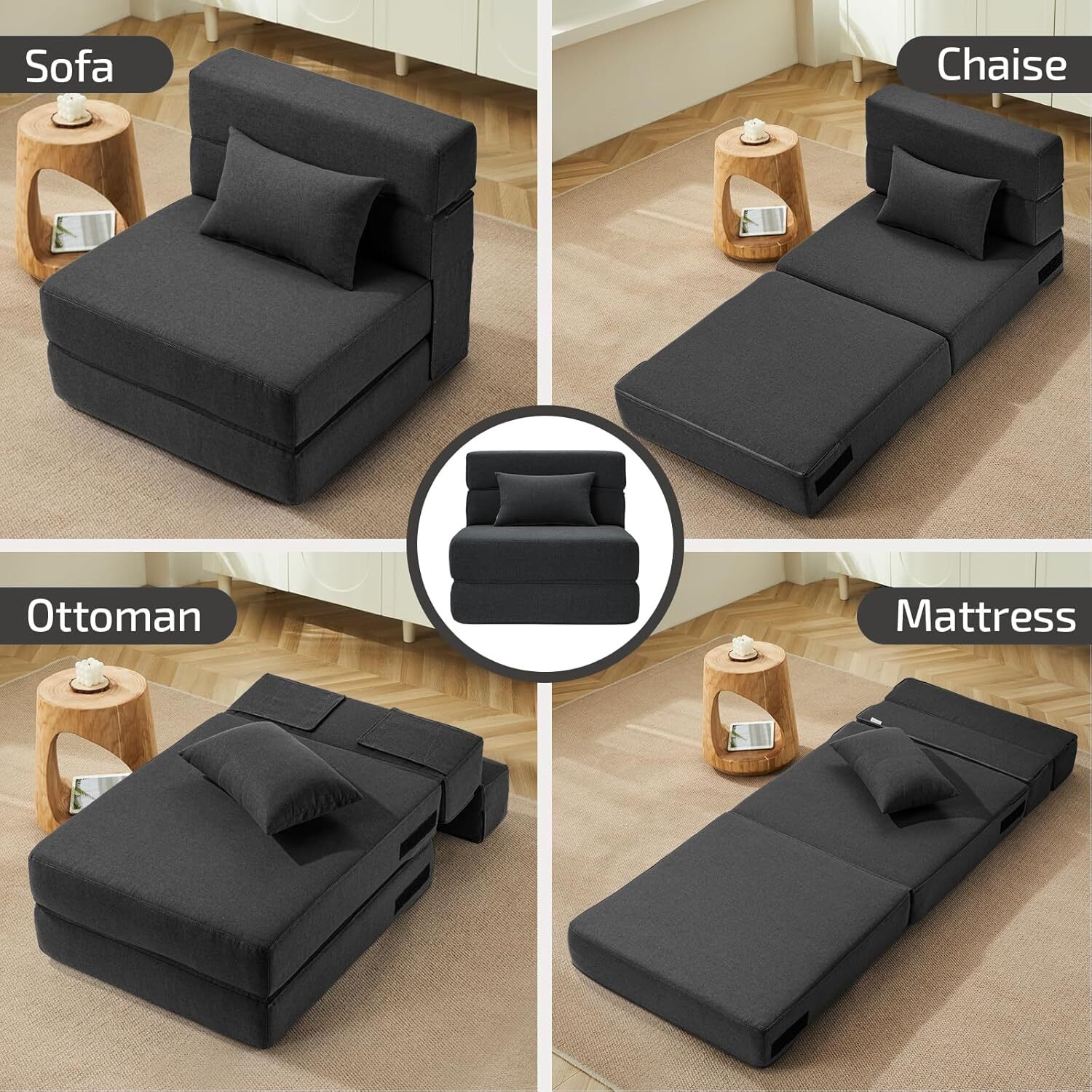 Folding Sofa Bed with Pillow- Convertible Chair Floor Couch Single, Dark Grey