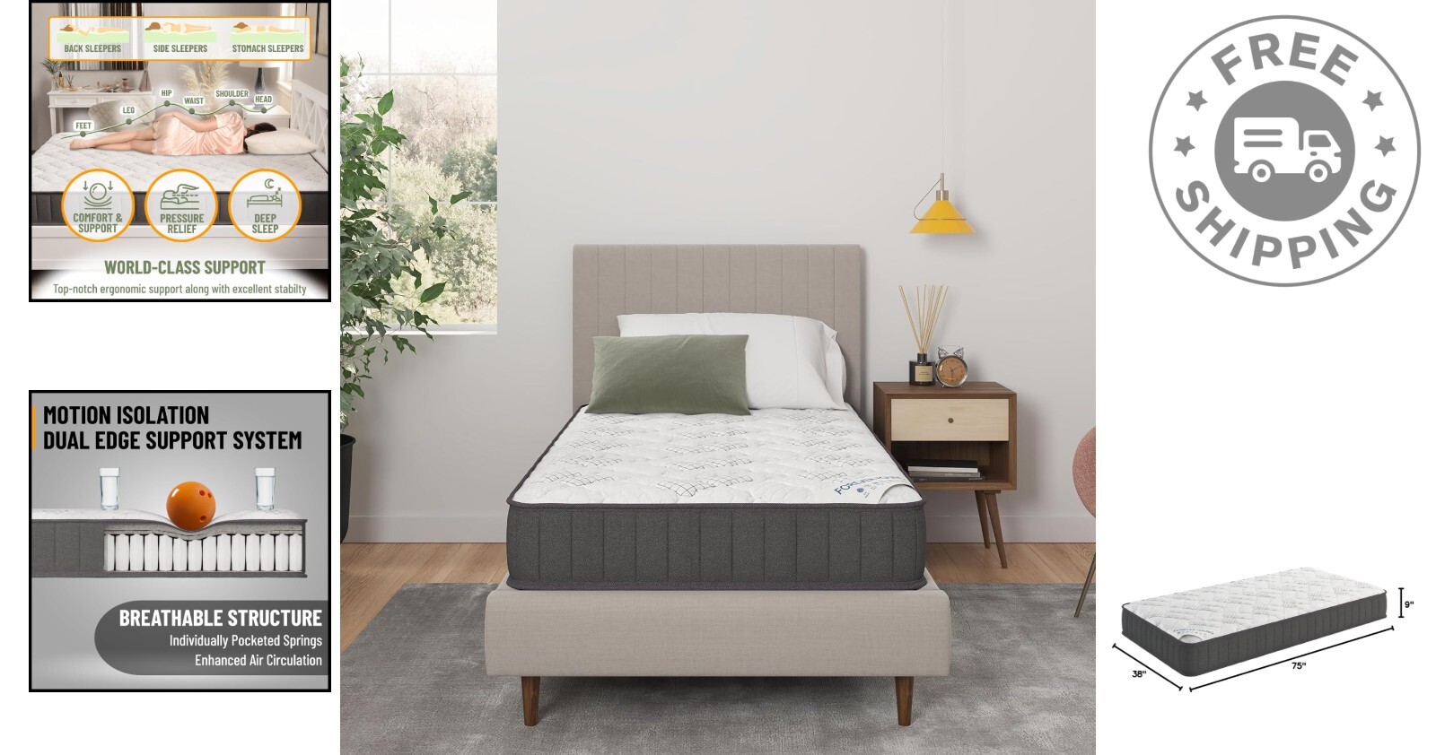 Medium-Firm Twin 9″ Hybrid Mattress with Motion Isolation for Peaceful Sleep