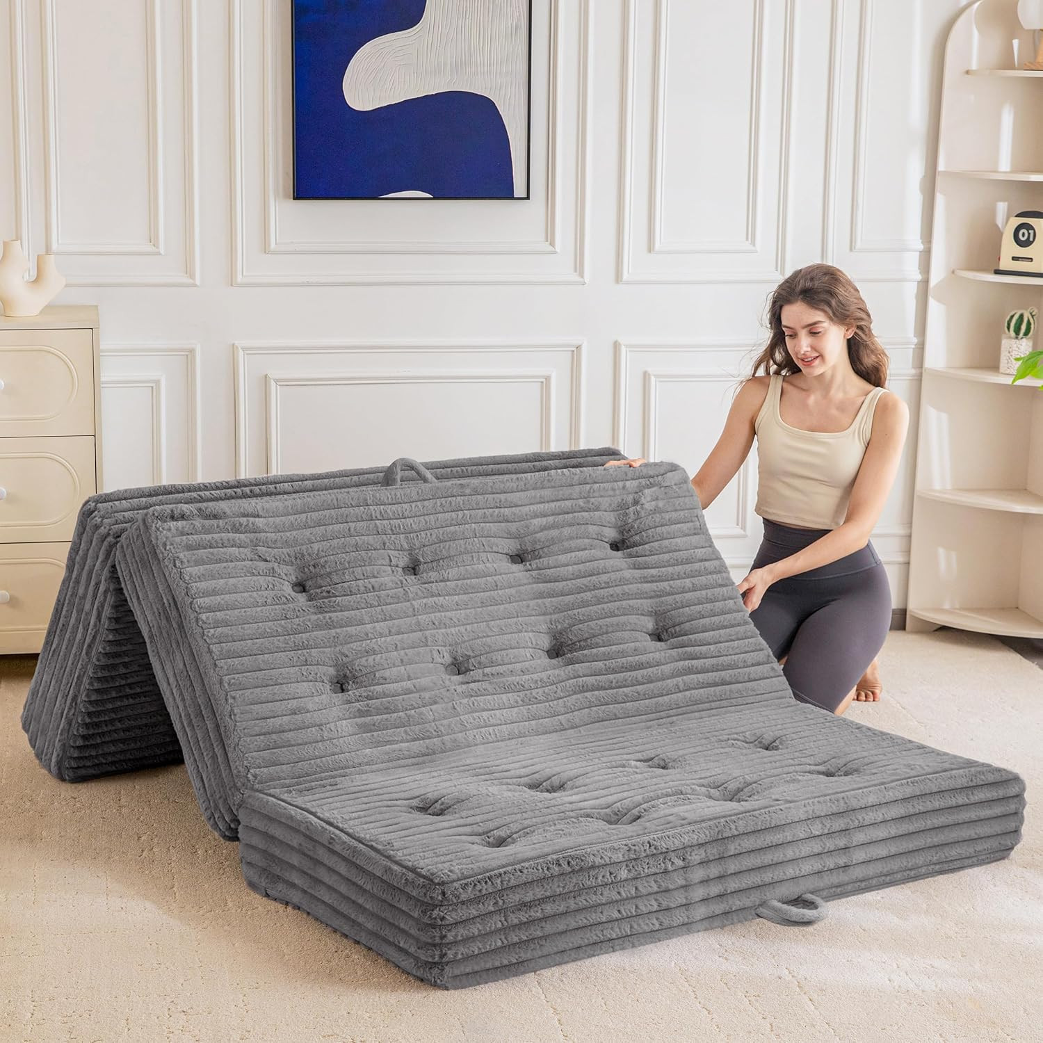 Tri-Fold Folding Mattress with Handles, 6-Inch Portable Sofa Bed, Grey