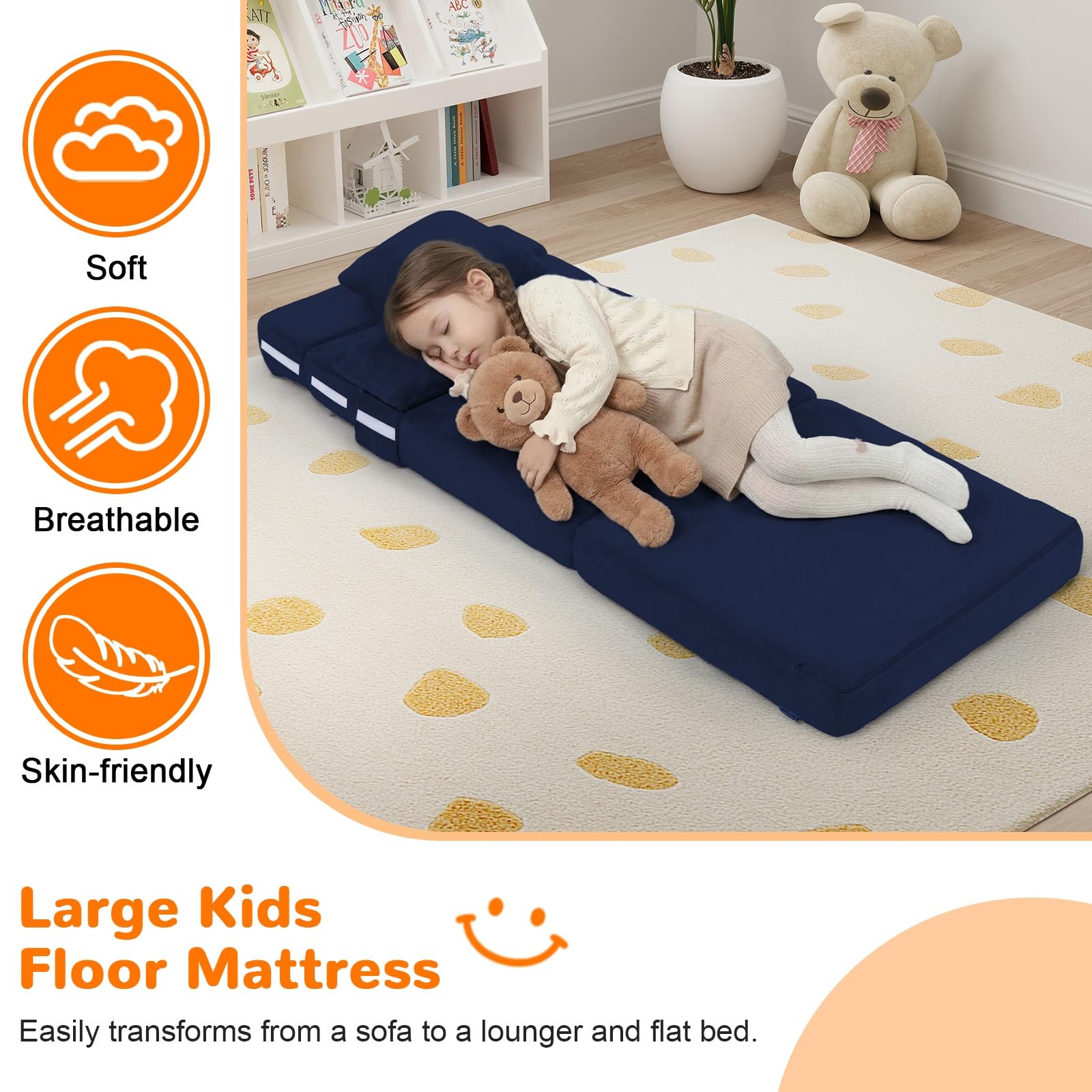 Foldable Futon Chair Bed for Kids, Toddler Sofa Mattress, Convertible Foam Fl…