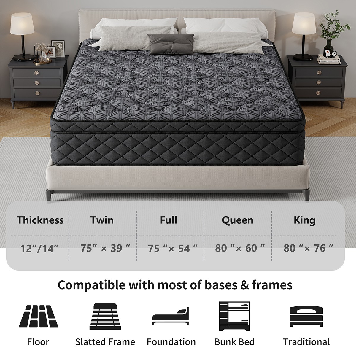 12″ 14″ Twin Full Queen King Mattress Gel Memory Foam Hybrid Spring in a Box
