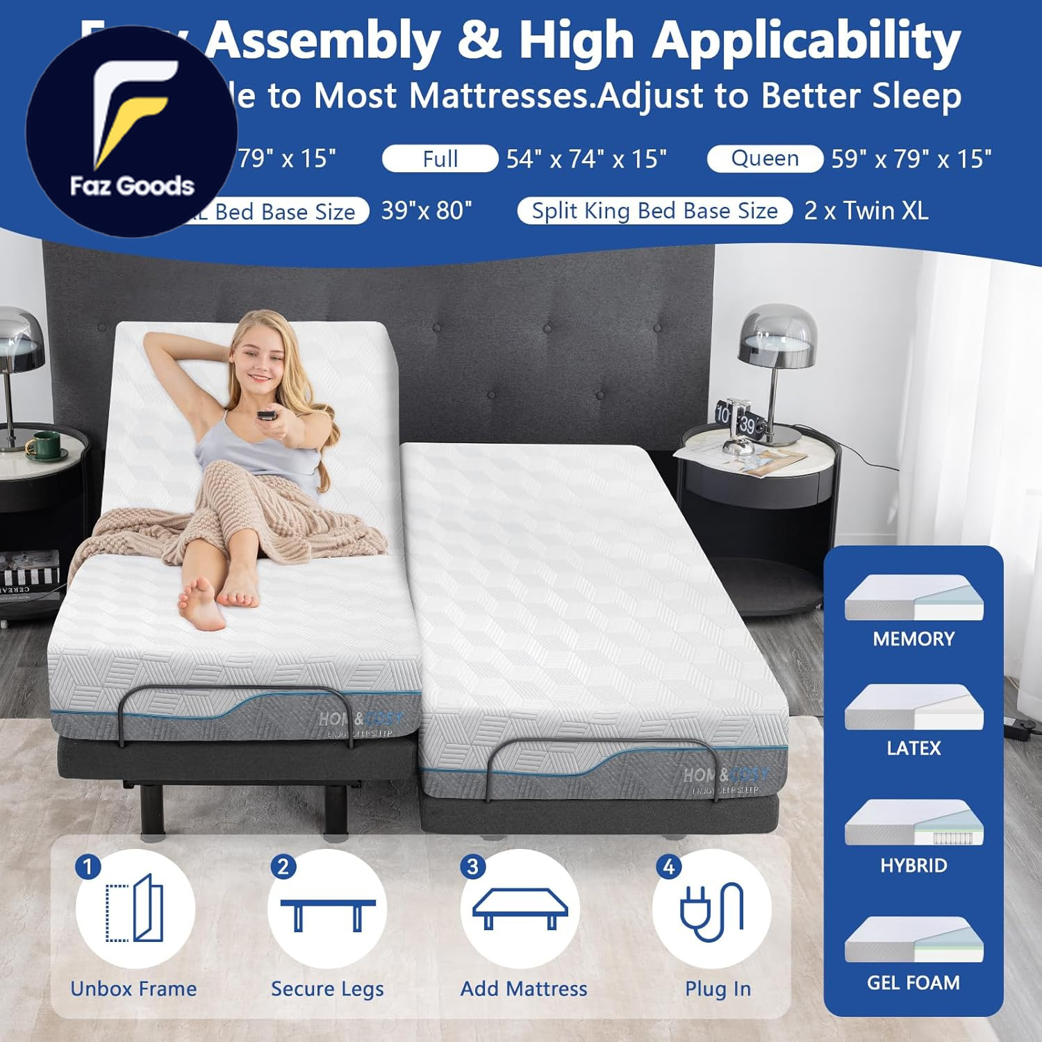 Adjustable Queen Bed Frame & 14″ Gel Memory Foam Mattress with Smart Features