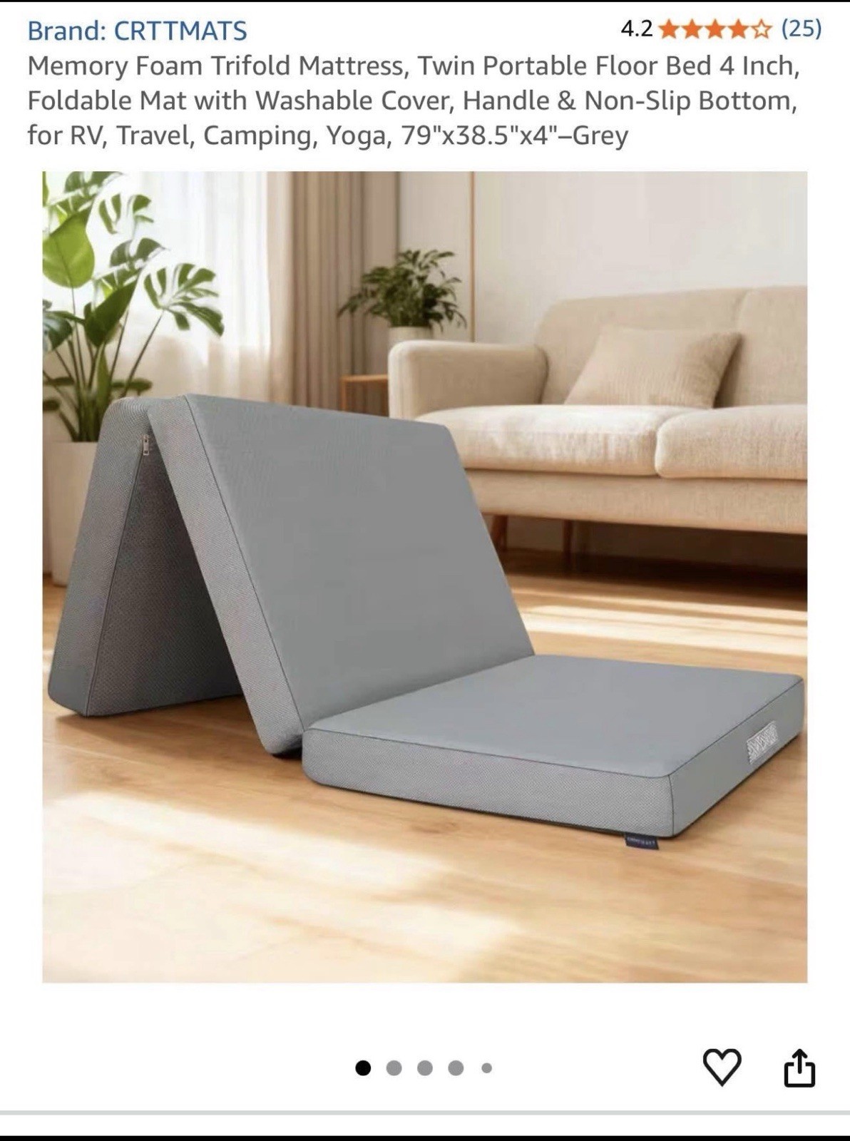 Memory Foam Trifold Mattress, Twin Portable Floor Bed 4 Inch, Foldable Mat