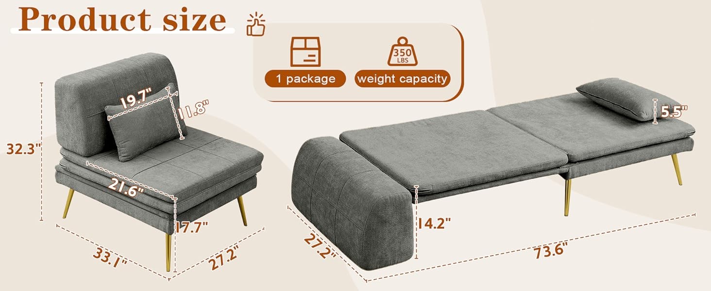 3-in-1 Convertible Sleeper Chair Bed, Futon Sofa Chair with Ba