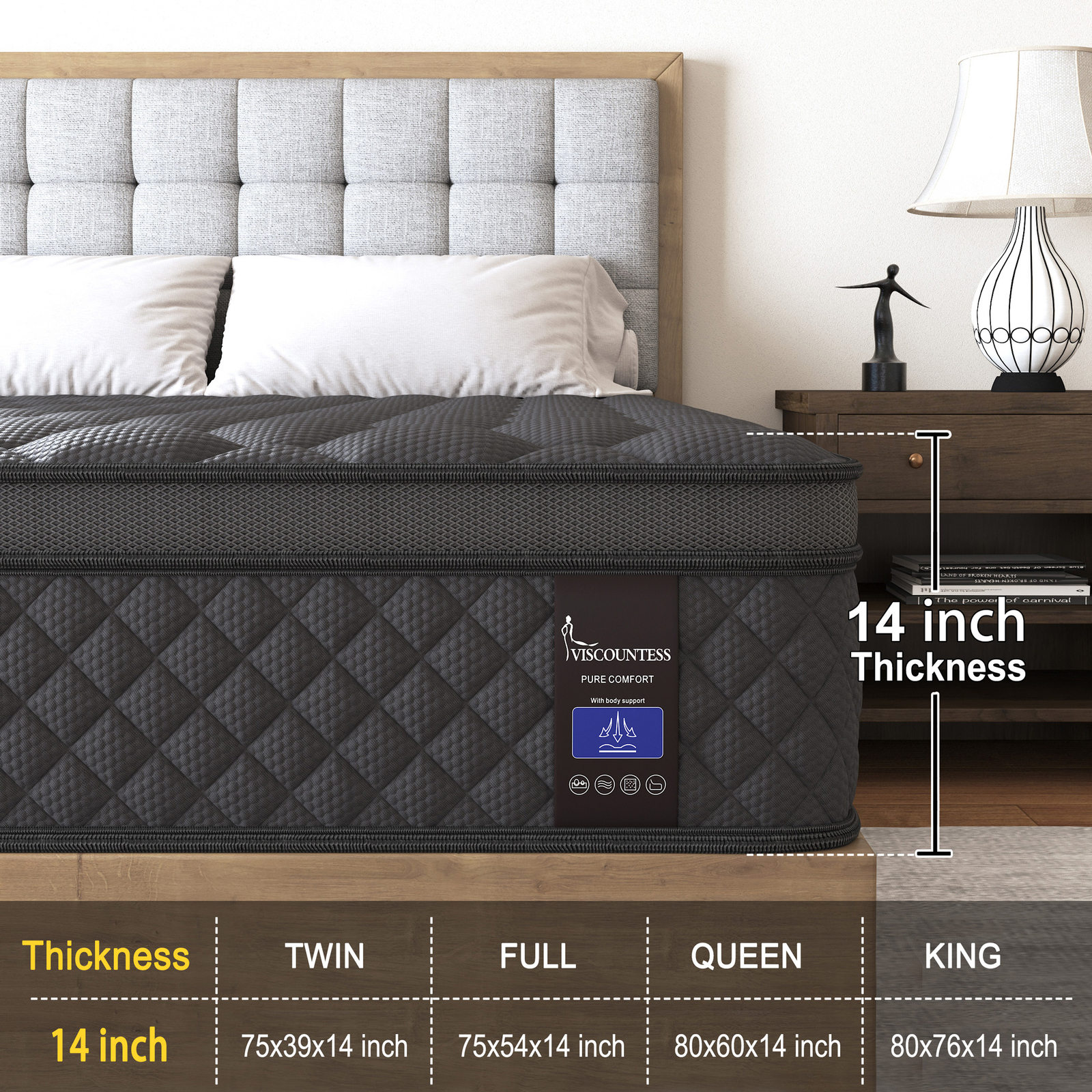 14″ Gel Memory Foam Mattress Twin Full Queen King Hybrid Spring Bed In A Box