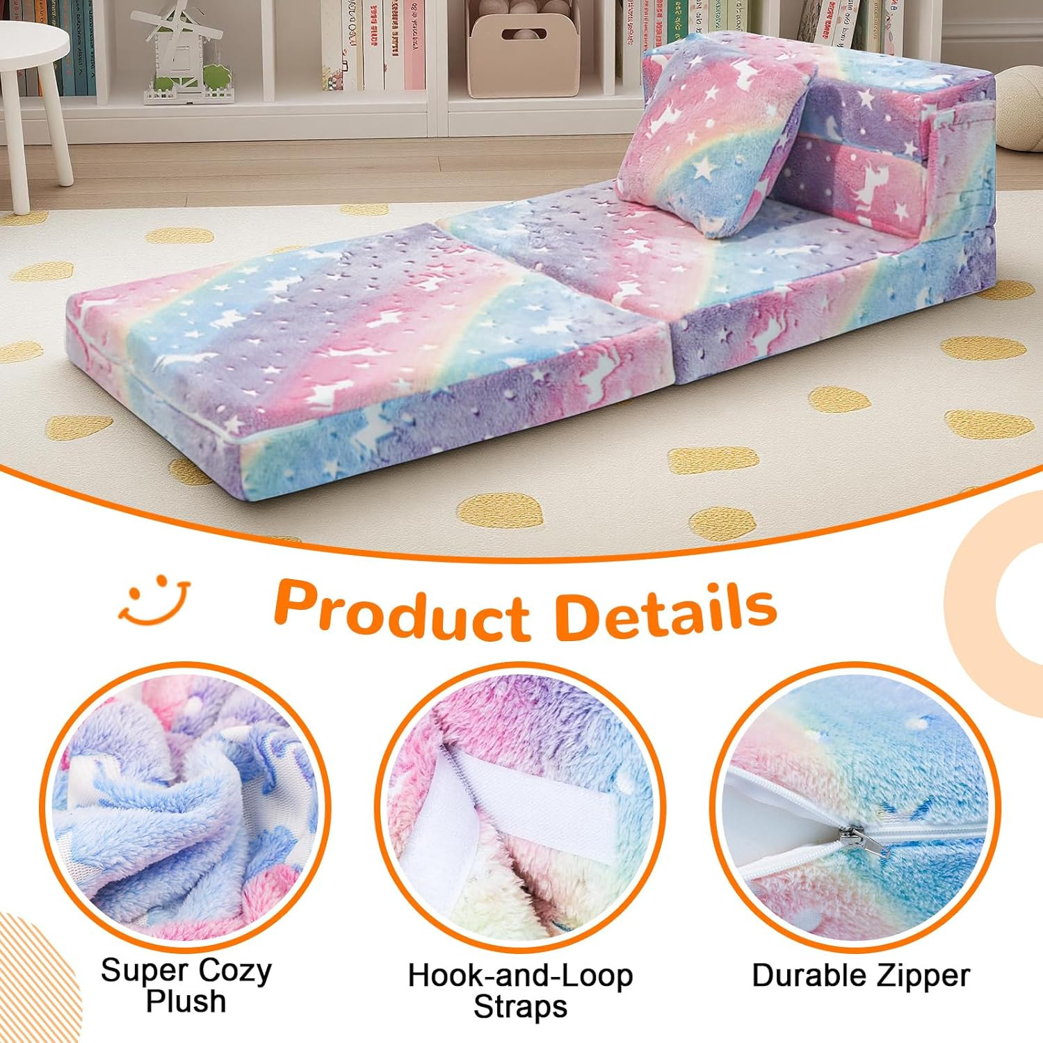 Glow Rainbow Unicorn Tri-Fold Sofa Bed for Kids – Versatile Playroom Furniture