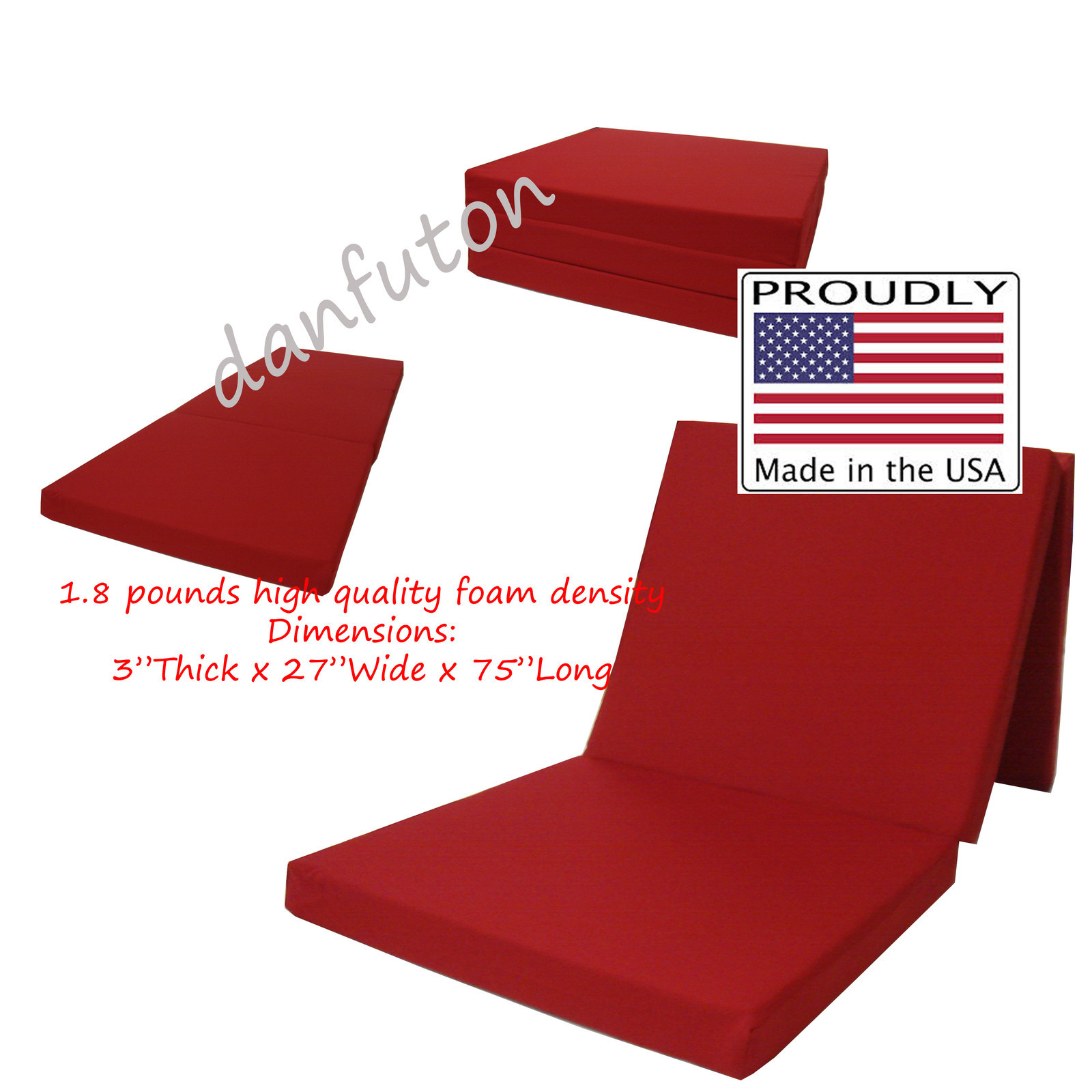 Shikibuton Trifold Foam Beds, High Density Folding Mats 3x27x75, Red