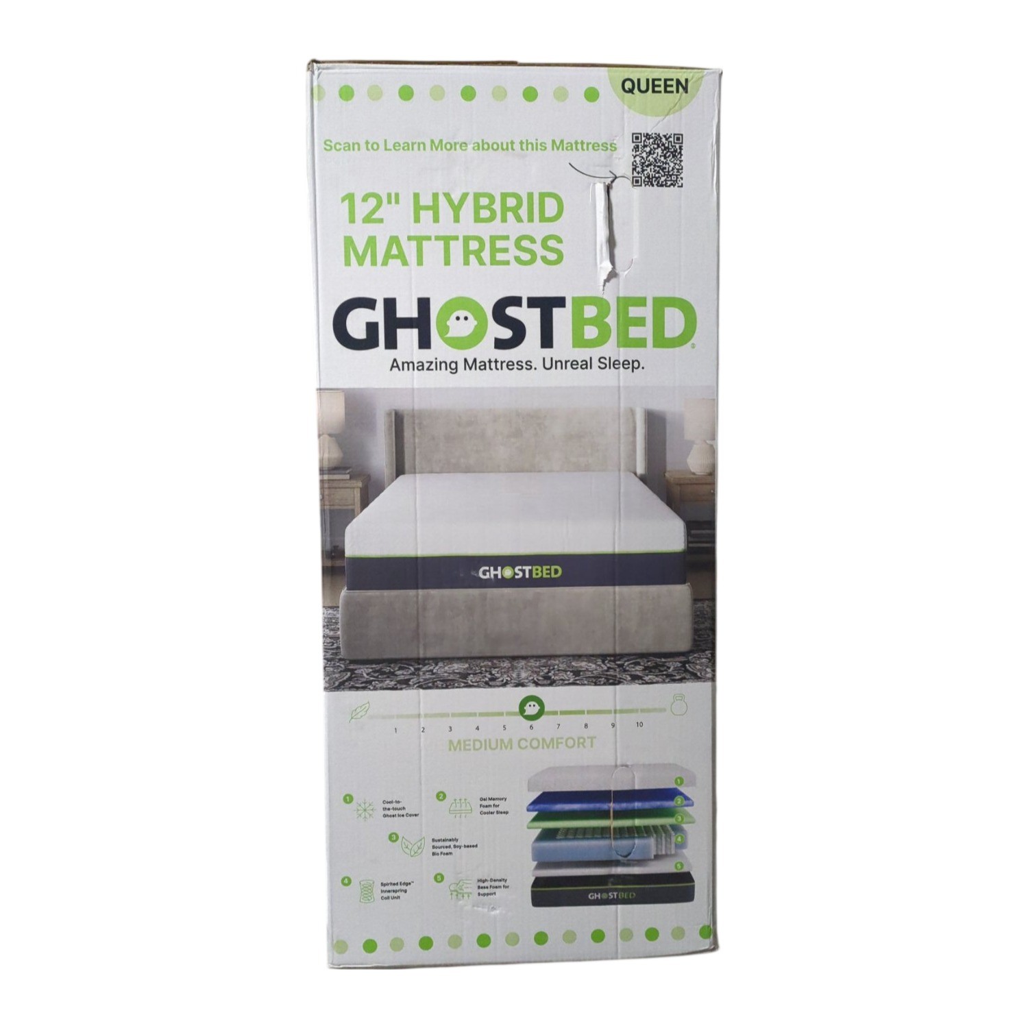 GhostBed Hybrid Gel Memory Foam & 6″ Spring Mattress, Medium, Queen