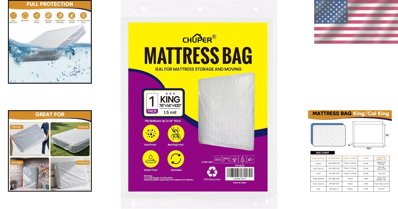 King/Cal King Waterproof Mattress Bag for Moving and Storage Protection 1.5 Mil