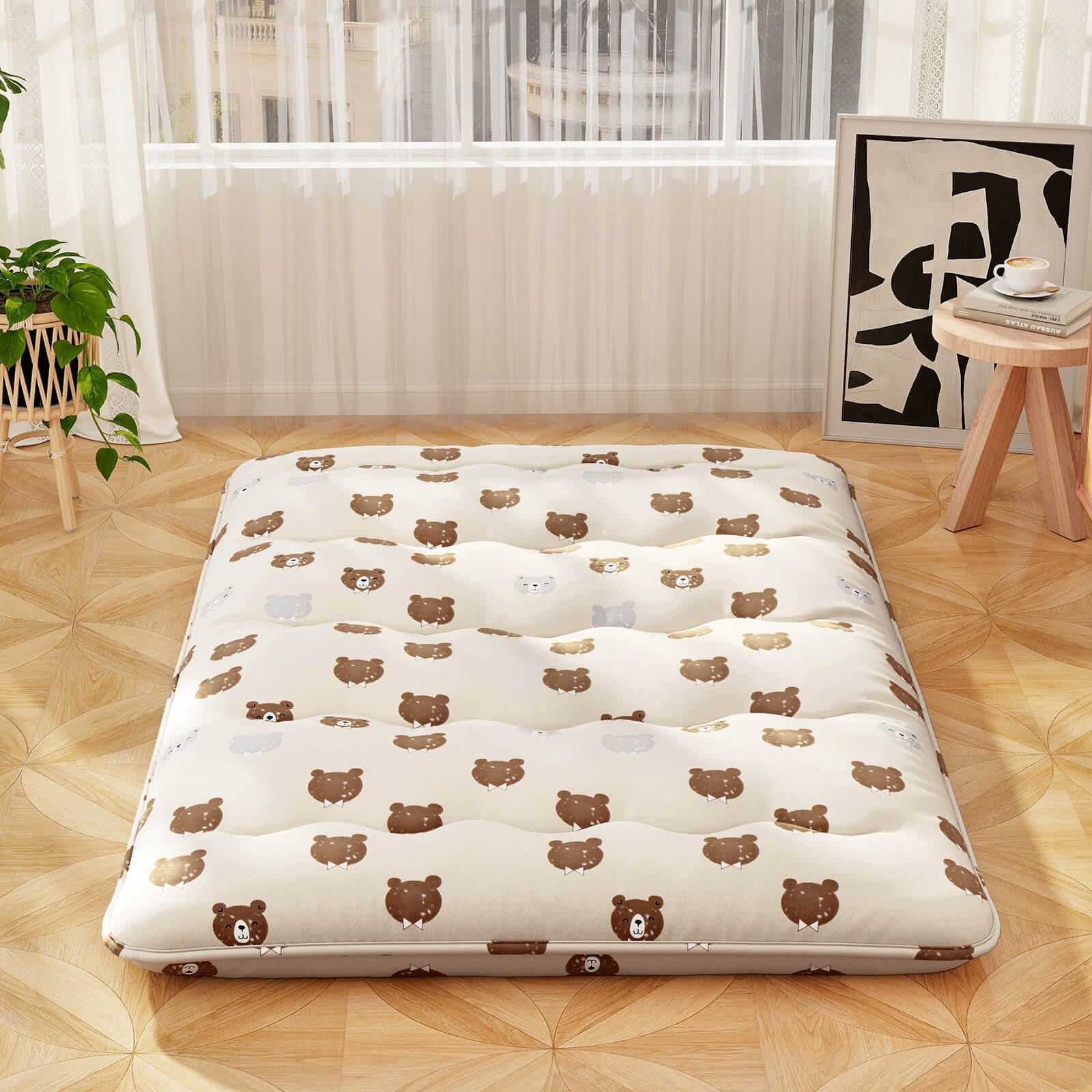 Full Futon Mattress Japanese Floor Pad Washable Cover Carry Bag Brown Bear