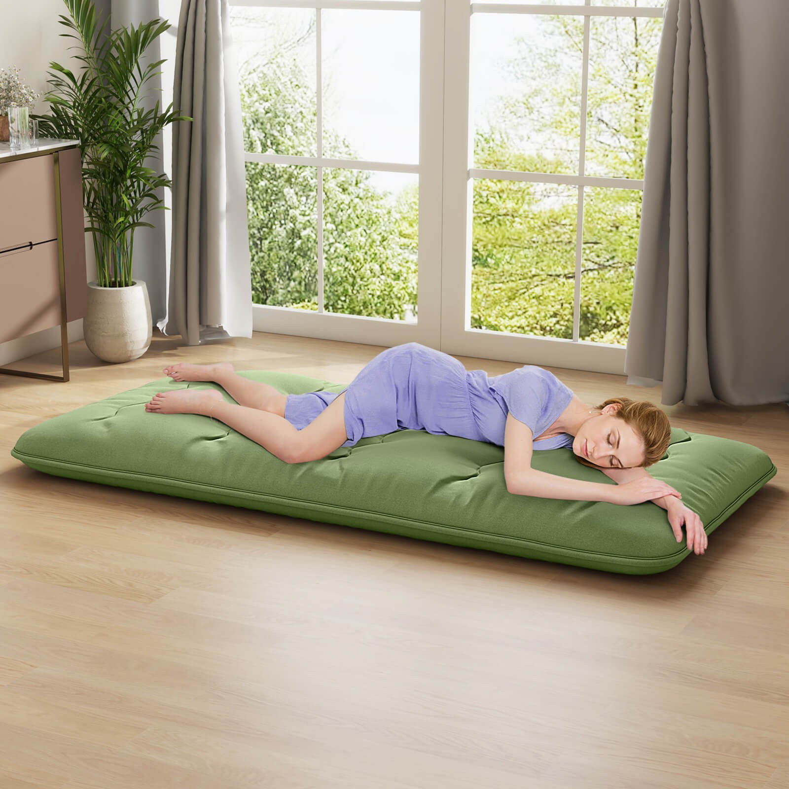 Twin Futon Mattress Washable Cover Carry Bag Green Japanese Floor Sleeping Pad