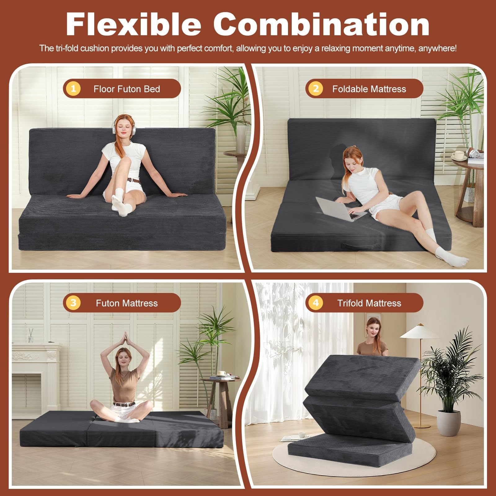 6-Inch Tri-Fold Foldable Mattress, Folding Sofa Bed with Removable Washable C…