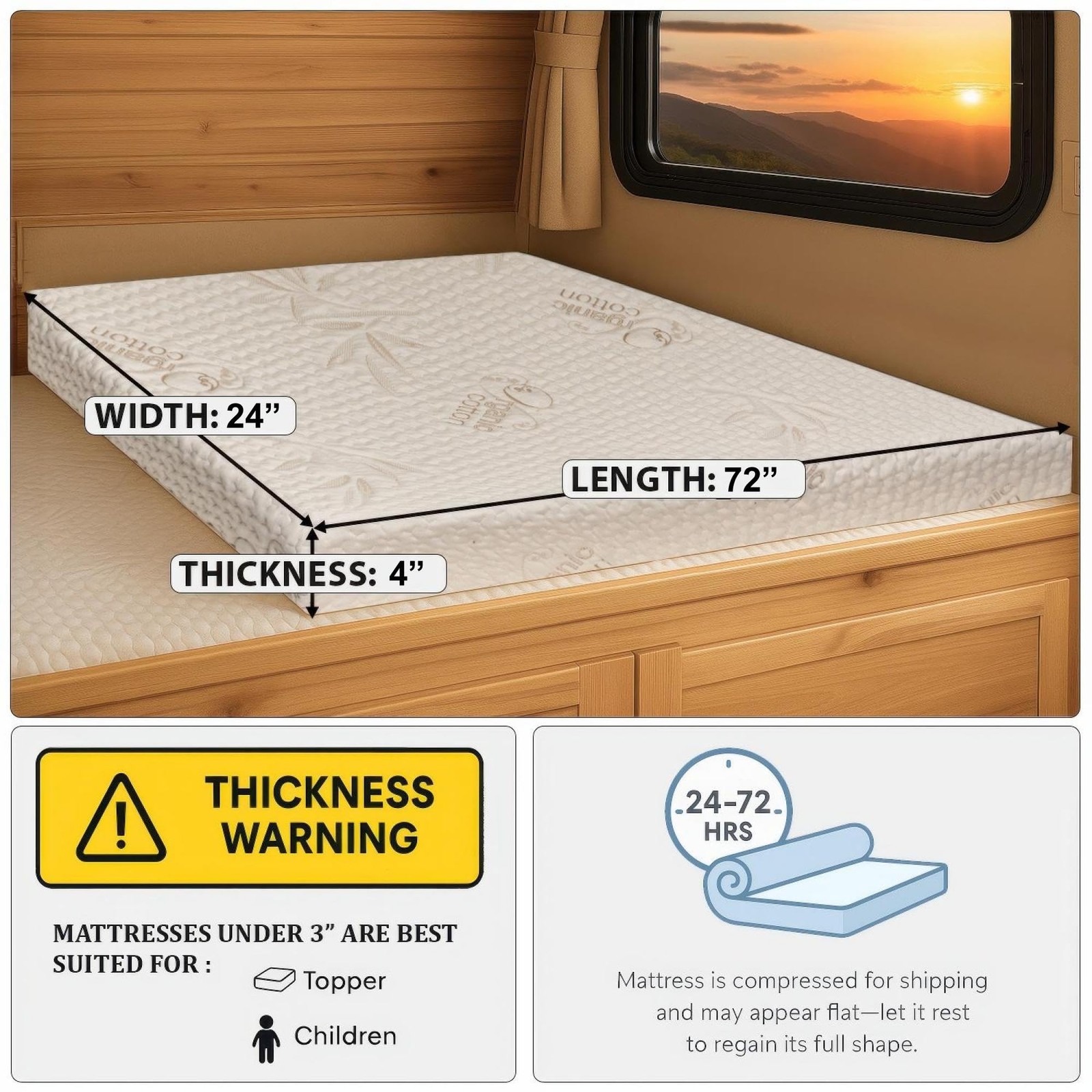 Foamma 4” x 24” x 72” Truck, Camper, RV Travel Visco Gel Memory Foam Bunk Mattre