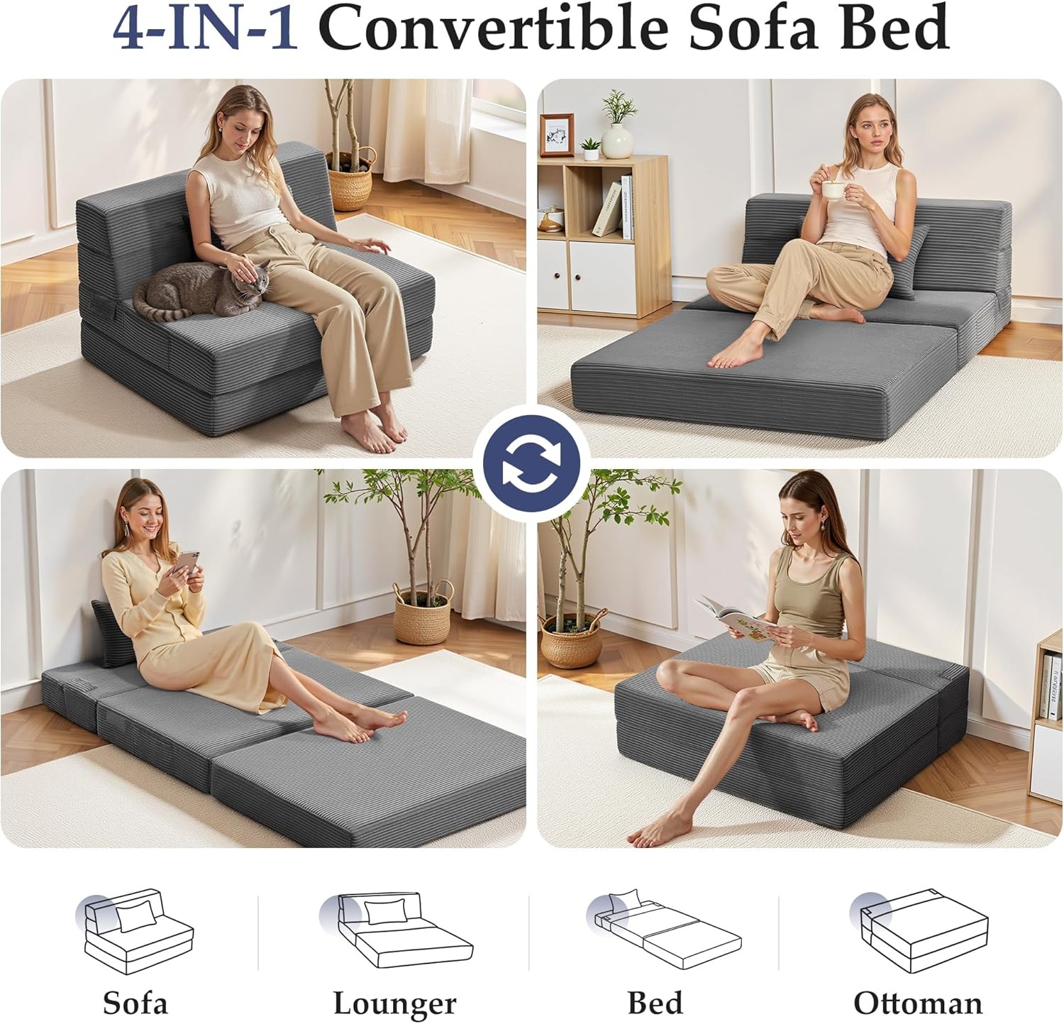 Folding Sofa Bed Convertible Sleeper Chair with Pillow, 4-in-1