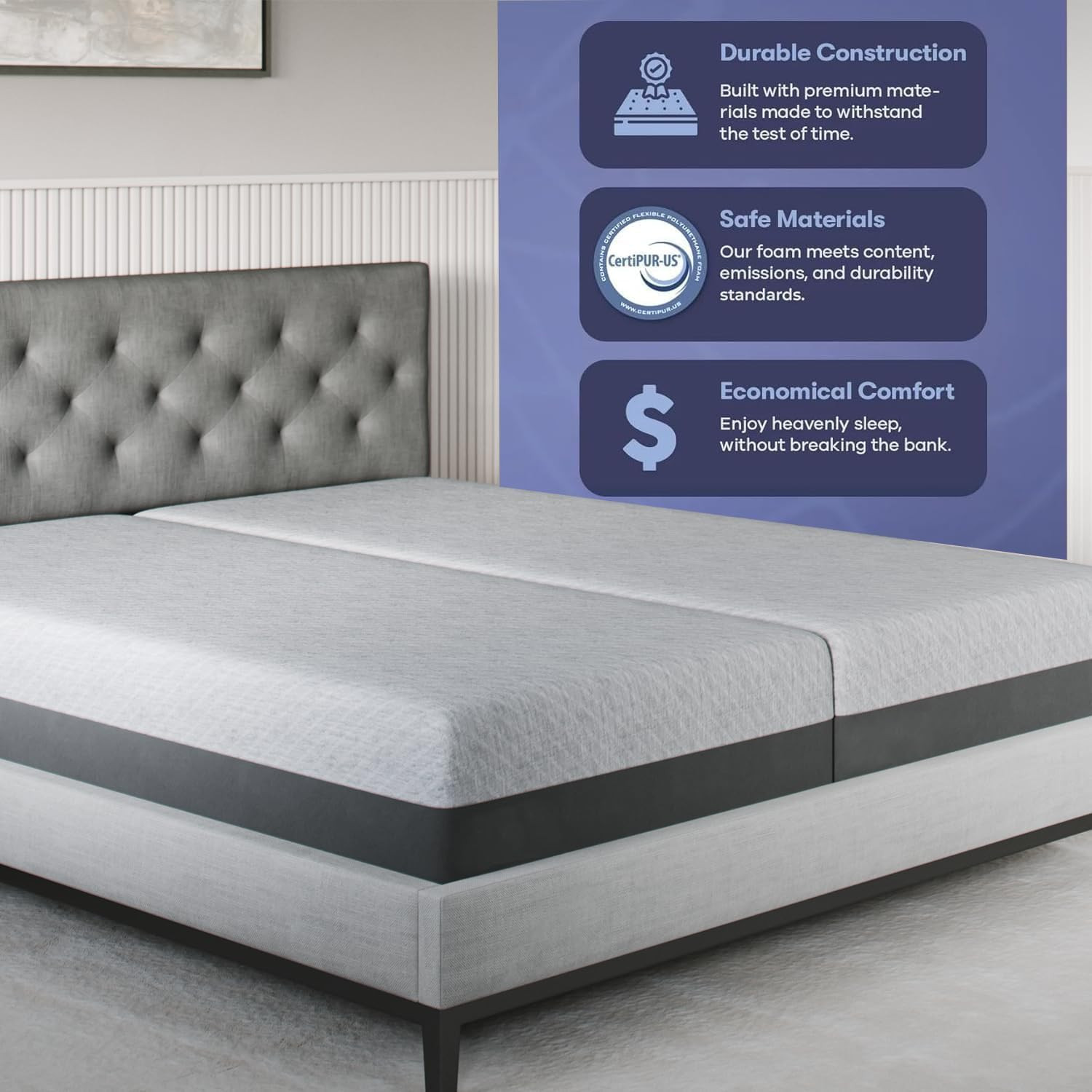 Cooling Gel Memory Foam Split King Mattress – USA Made, CertiPUR-US® Certified