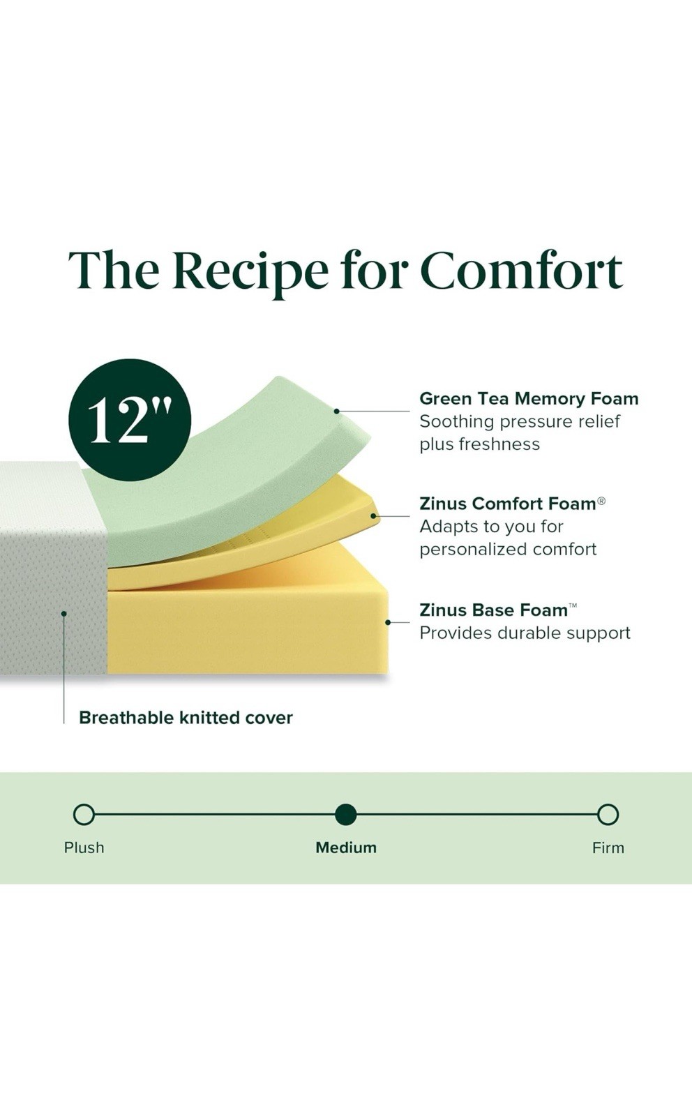 Zinus AZ-BTCM-12Q Memory Foam Green Tea Mattress, Queen – White